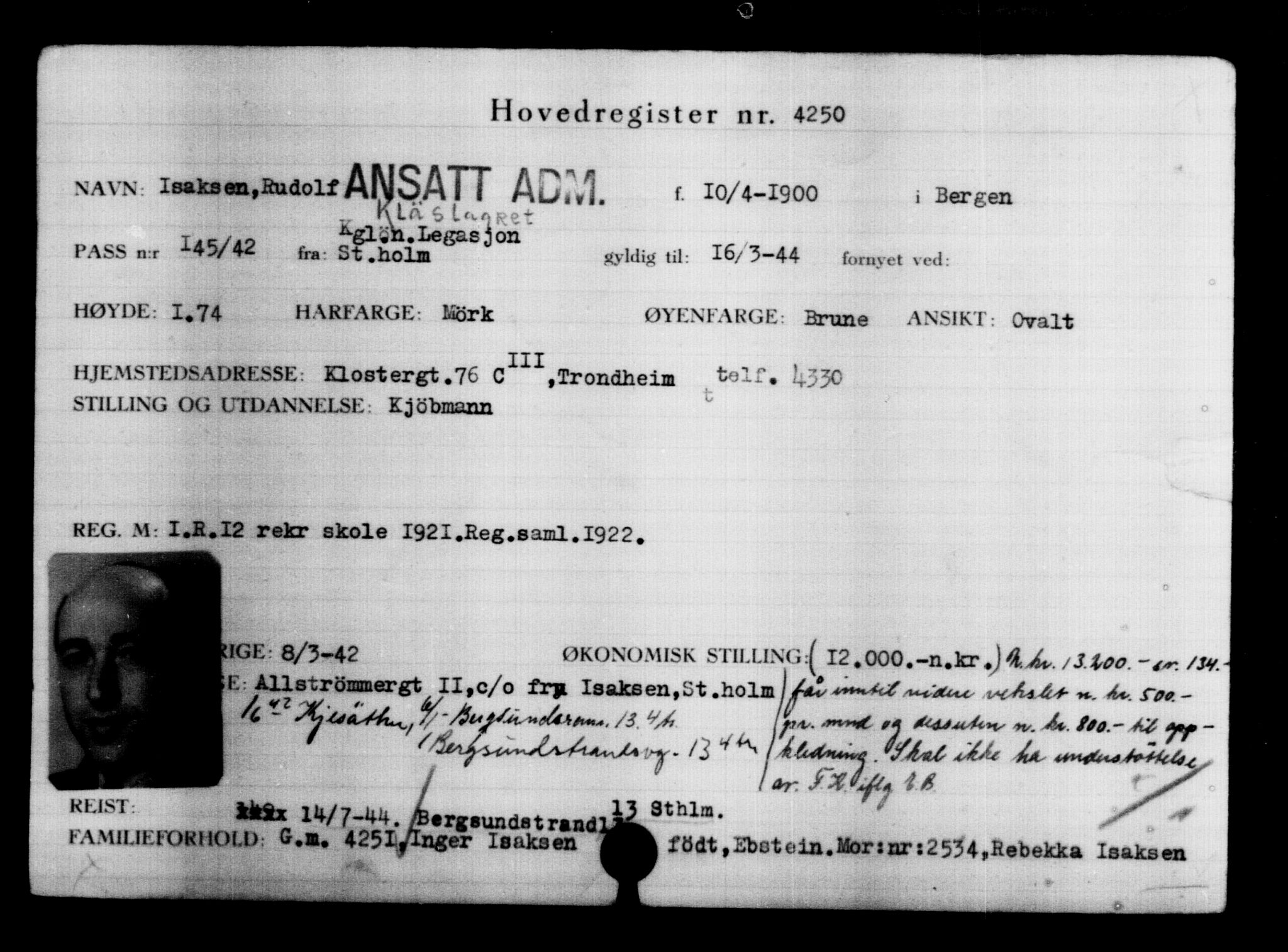 Utenriksstasjonene, Legasjonen i Stockholm, Flyktningkontoret, AV/RA-S-6753/V/Va/L0004: Kjesäterkartoteket, flyktninger med registreringsnr. 3496-6610, 1940-1945, p. 913