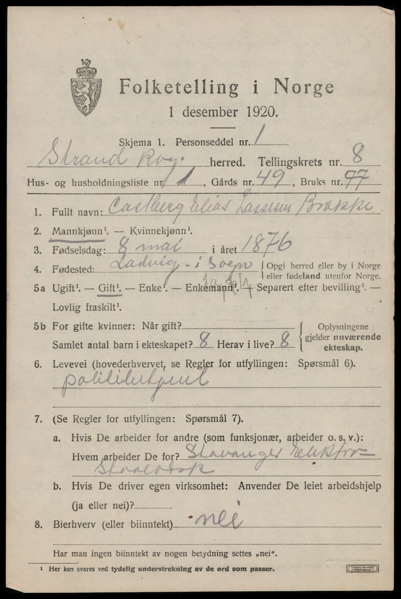 SAST, 1920 census for Strand, 1920, p. 4934