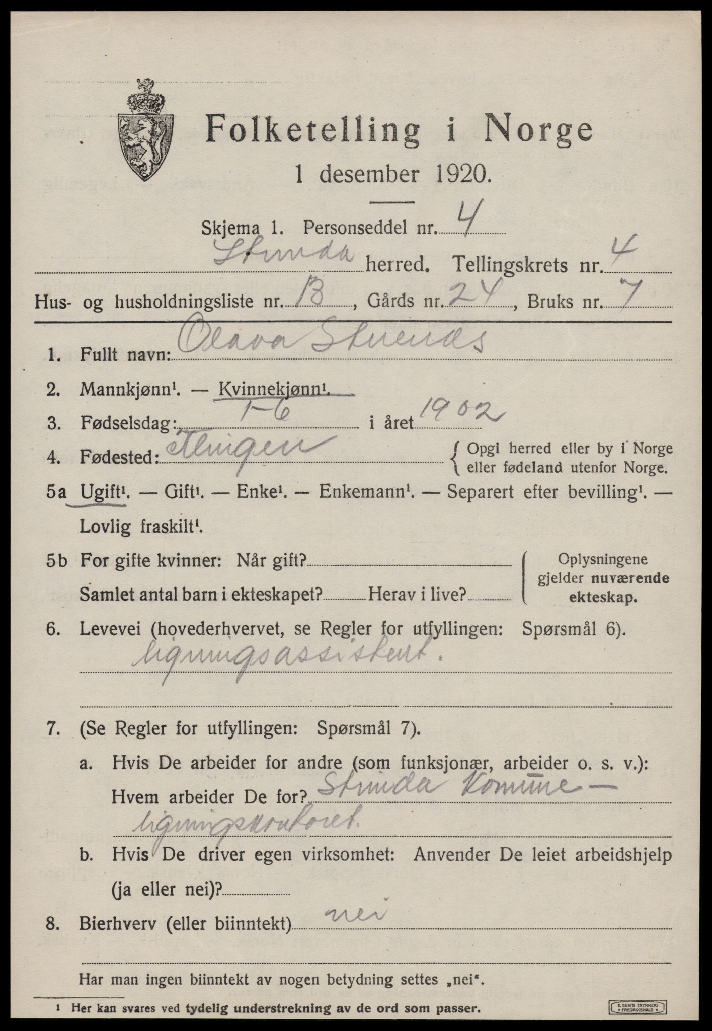 SAT, 1920 census for Strinda, 1920, p. 12922