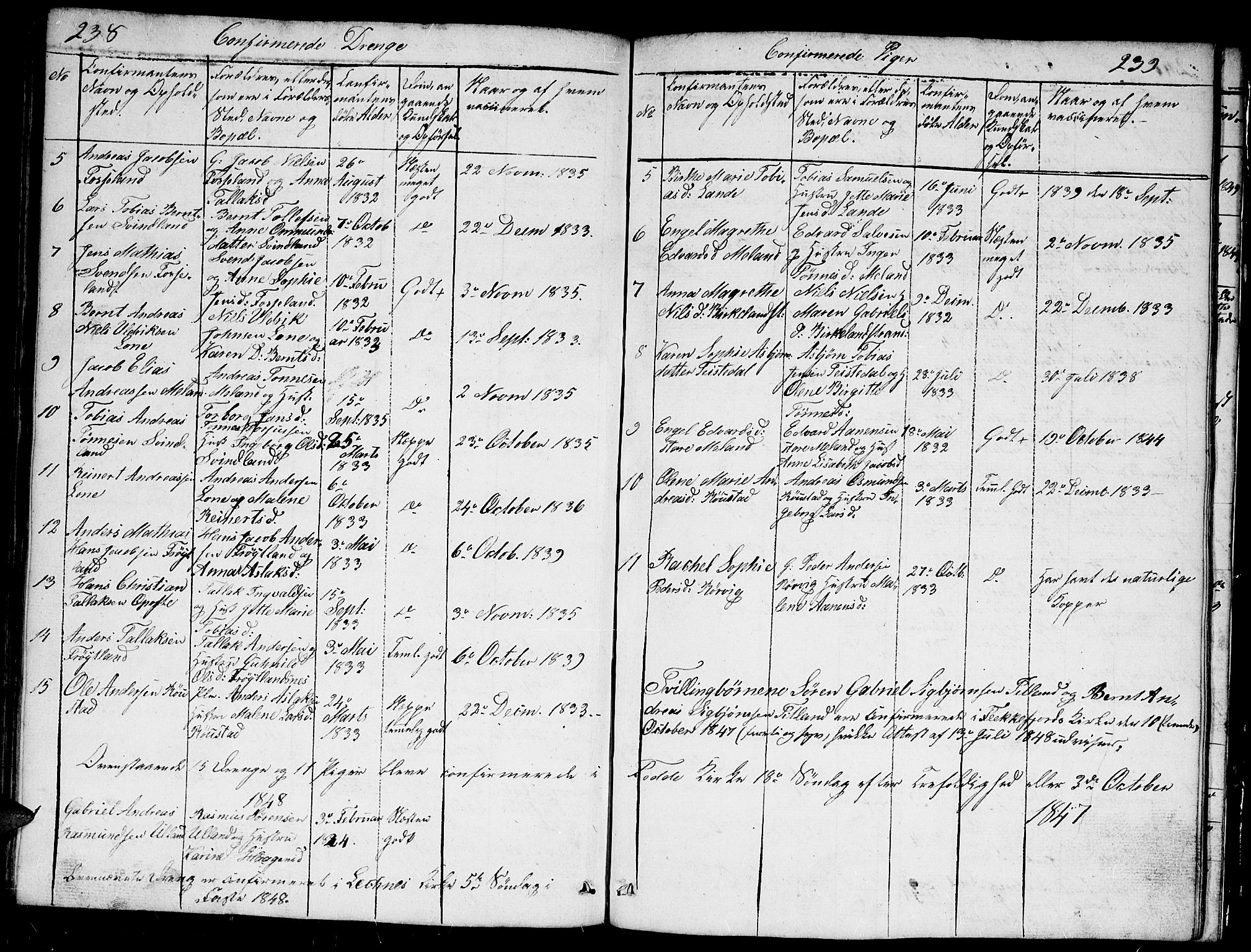 Kvinesdal sokneprestkontor, AV/SAK-1111-0026/F/Fb/Fba/L0002: Parish register (copy) no. B 2, 1838-1858, p. 238-239