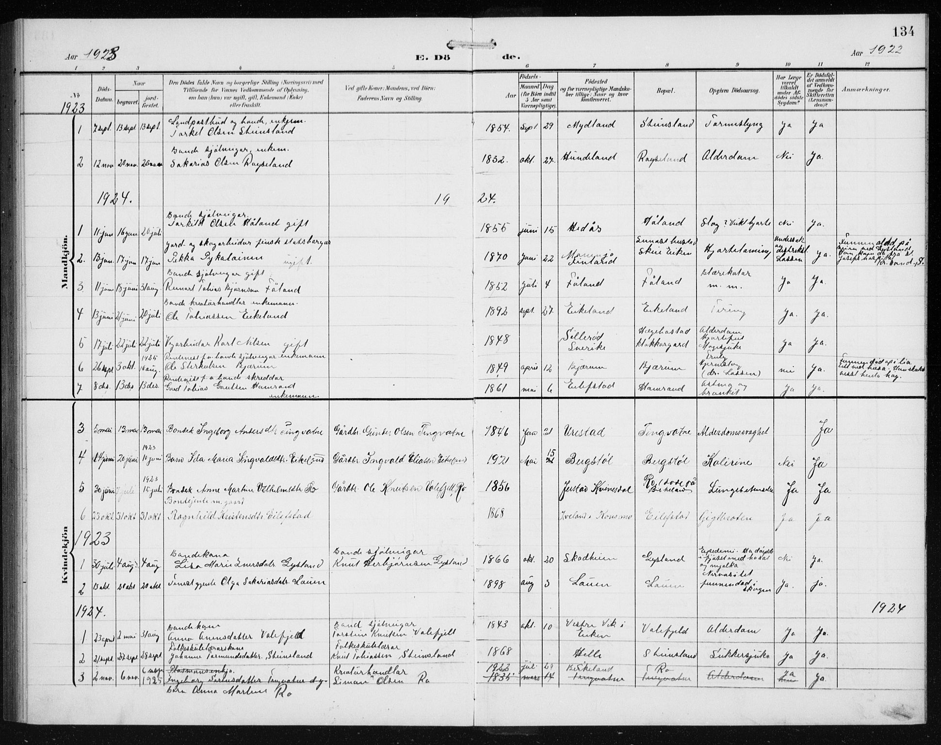 Hægebostad sokneprestkontor, SAK/1111-0024/F/Fb/Fba/L0005: Parish register (copy) no. B 5, 1907-1931, p. 134