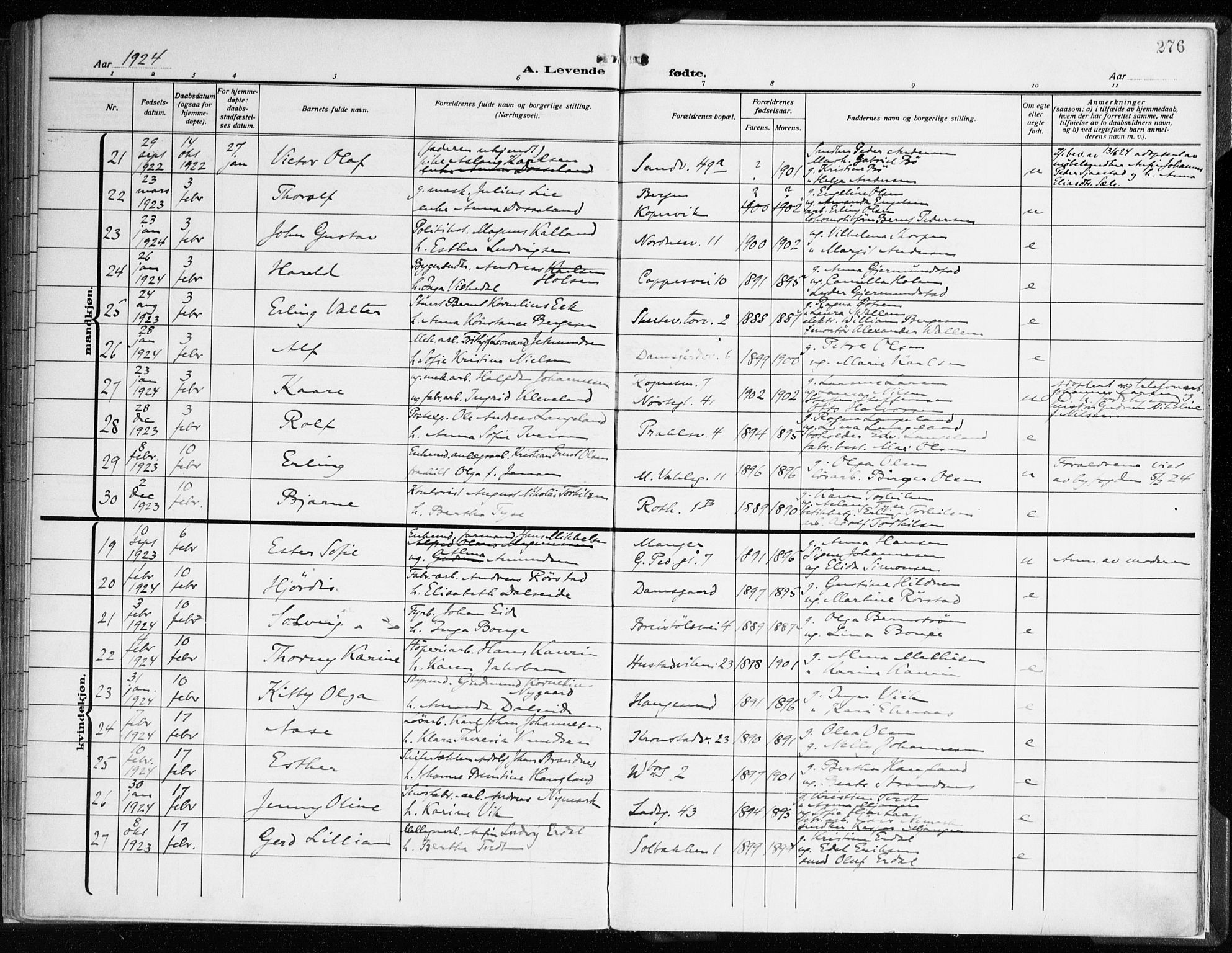 Sandviken Sokneprestembete, AV/SAB-A-77601/H/Ha/L0007: Parish register (official) no. B 4, 1912-1924, p. 276