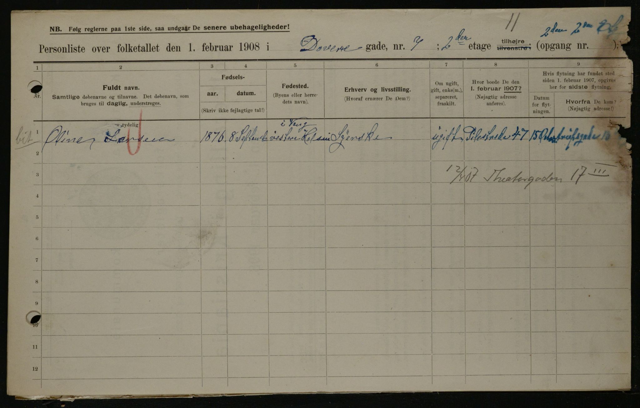 OBA, Municipal Census 1908 for Kristiania, 1908, p. 15067