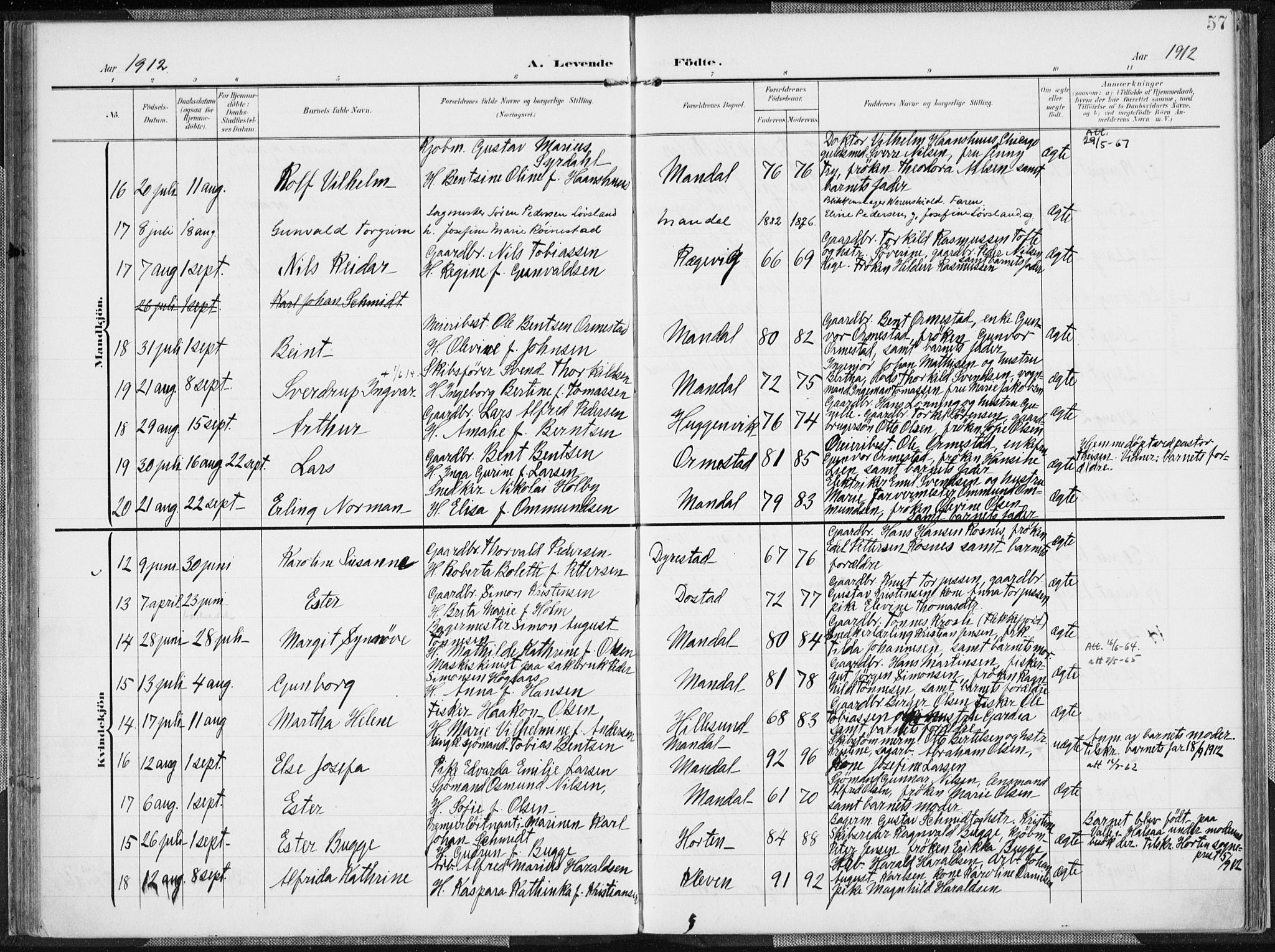 Mandal sokneprestkontor, AV/SAK-1111-0030/F/Fa/Faa/L0020: Parish register (official) no. A 20, 1906-1912, p. 57