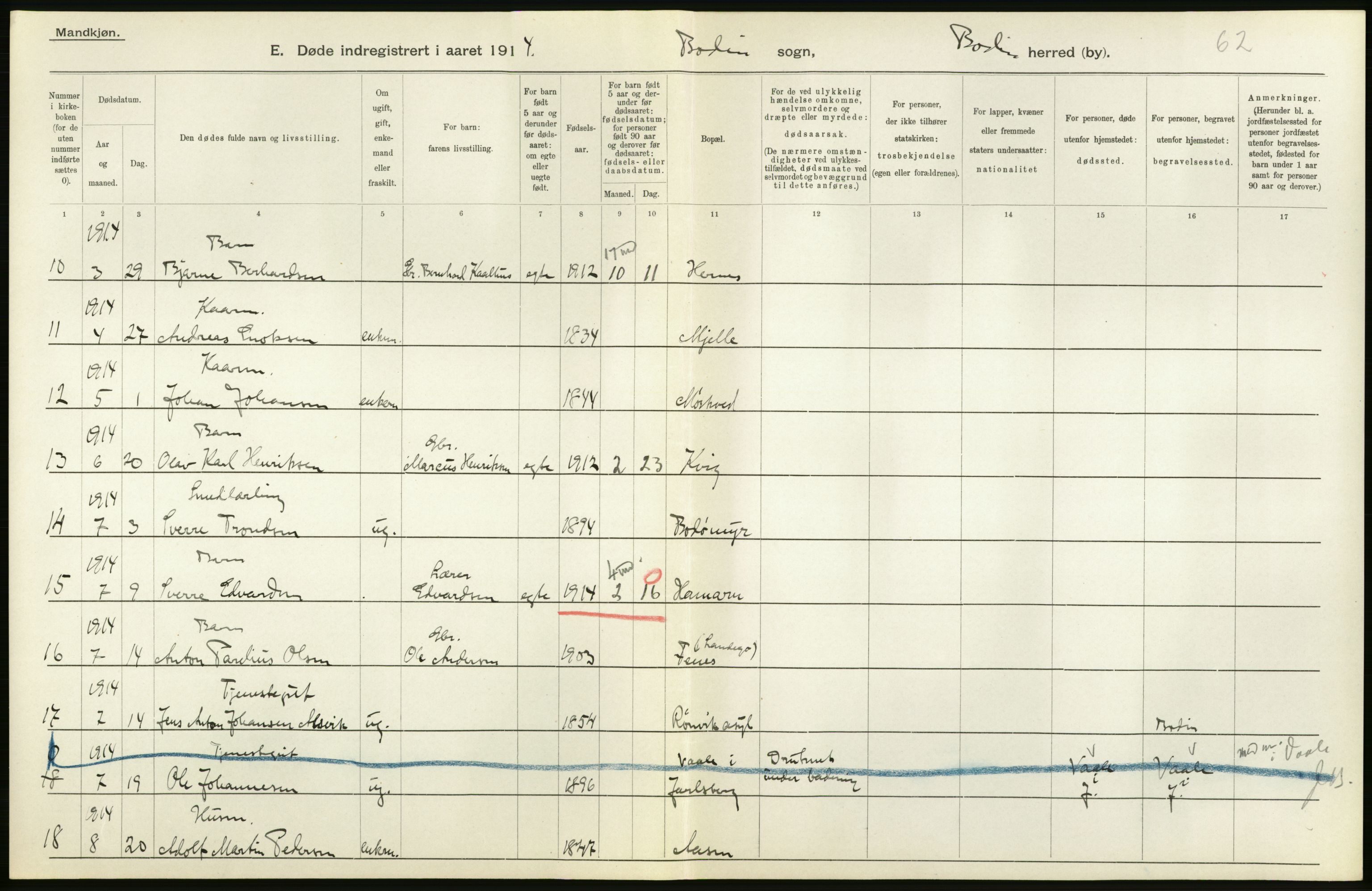 Statistisk sentralbyrå, Sosiodemografiske emner, Befolkning, AV/RA-S-2228/D/Df/Dfb/Dfbd/L0045: Nordlands amt: Døde. Bygder og byer., 1914, p. 16