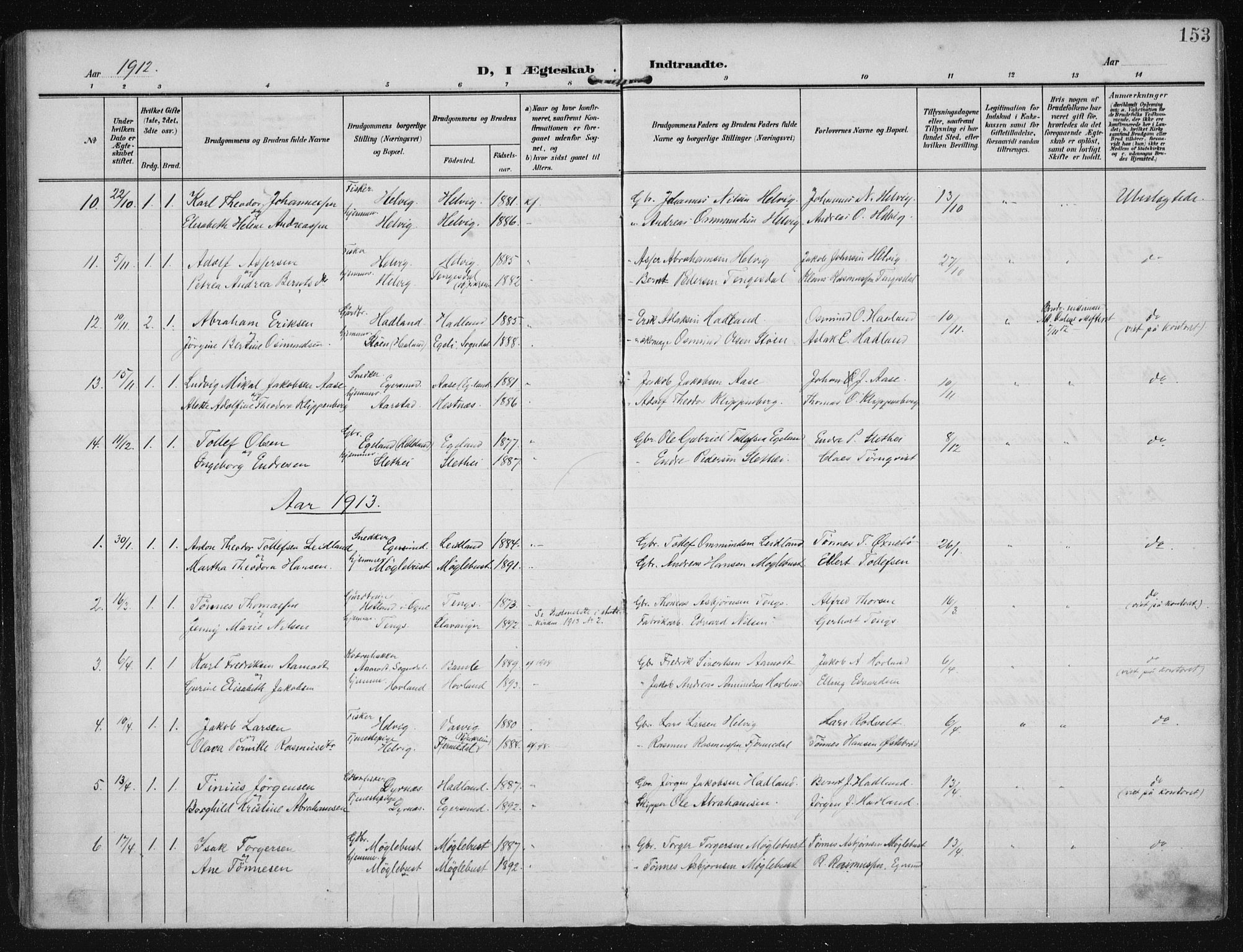 Eigersund sokneprestkontor, SAST/A-101807/S08/L0021: Parish register (official) no. A 20, 1906-1928, p. 153