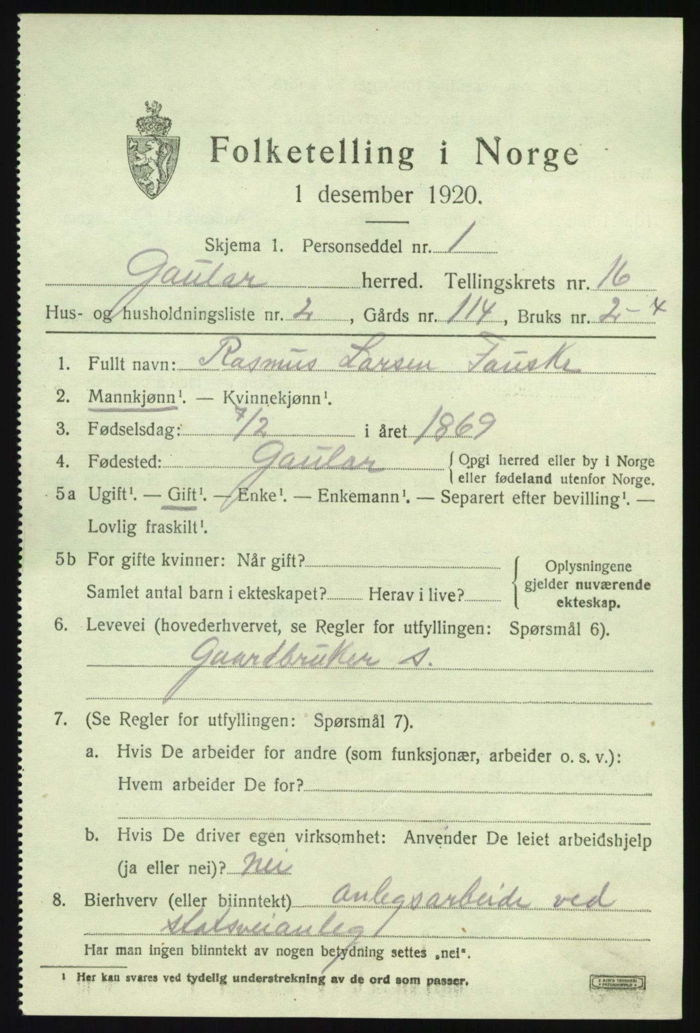 SAB, 1920 census for Gaular, 1920, p. 6904