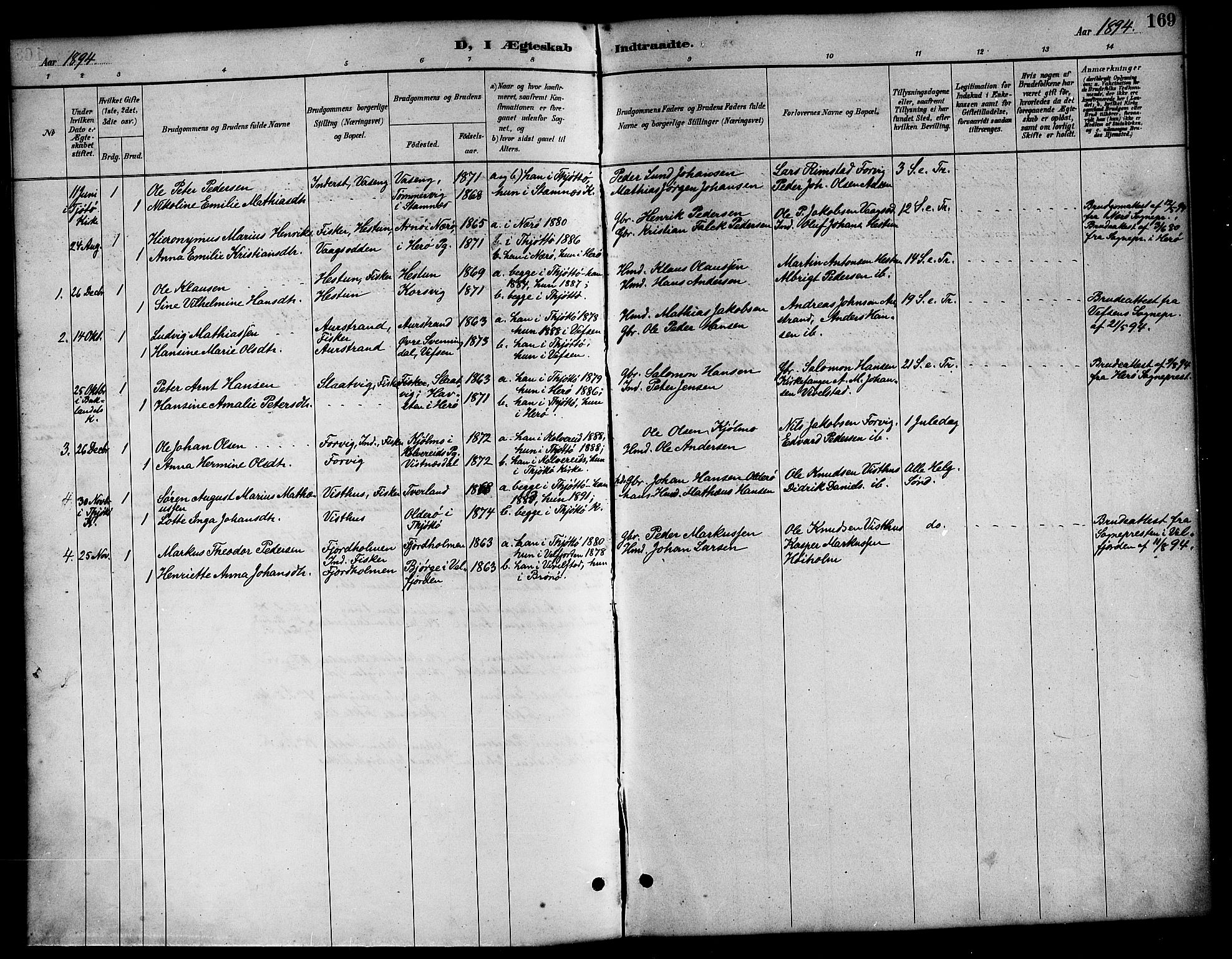 Ministerialprotokoller, klokkerbøker og fødselsregistre - Nordland, SAT/A-1459/819/L0277: Parish register (copy) no. 819C03, 1888-1917, p. 169