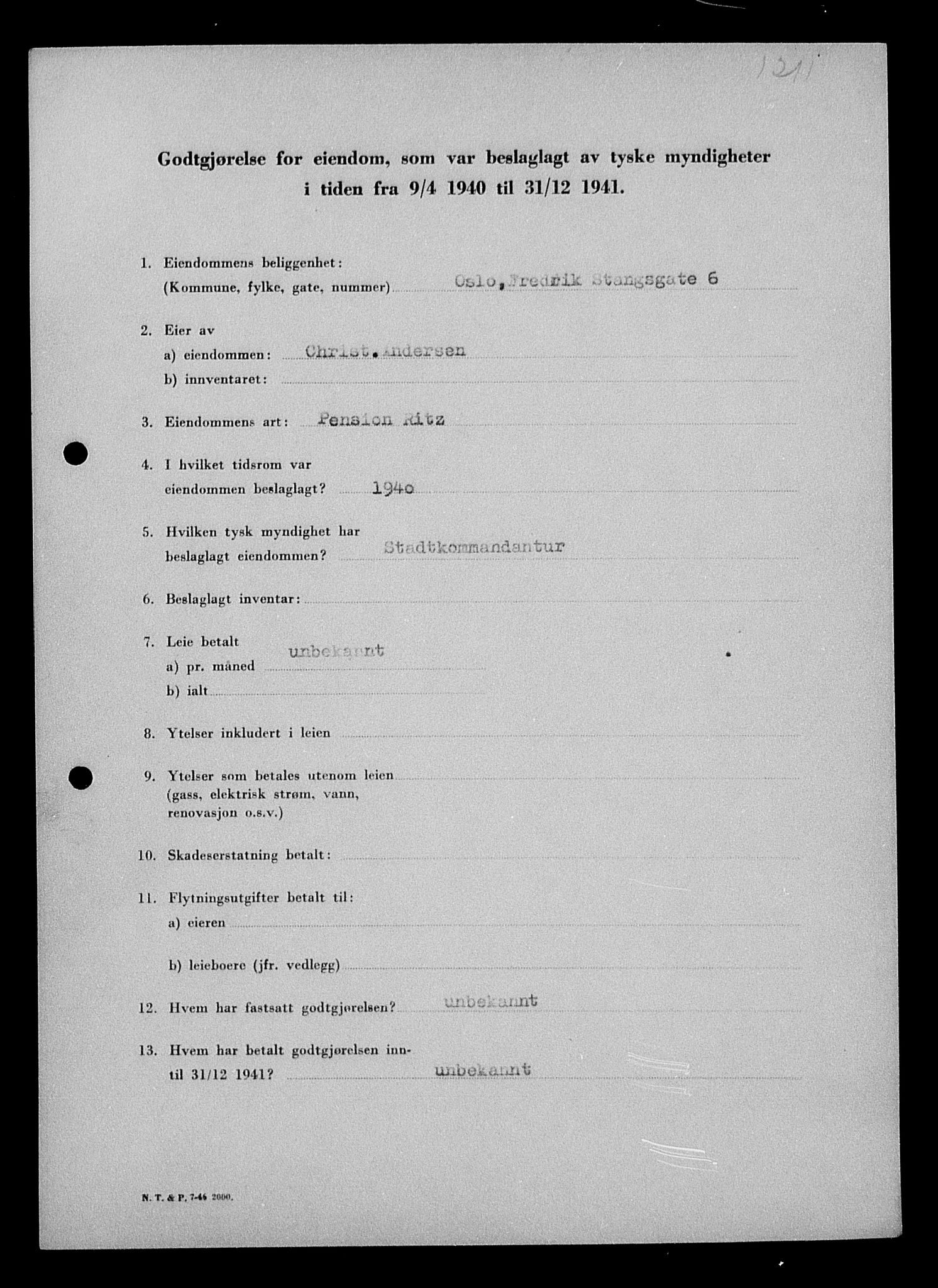 Justisdepartementet, Tilbakeføringskontoret for inndratte formuer, AV/RA-S-1564/I/L1010: Godtgjørelse for beslaglagt eiendom, 1940-1941, p. 320