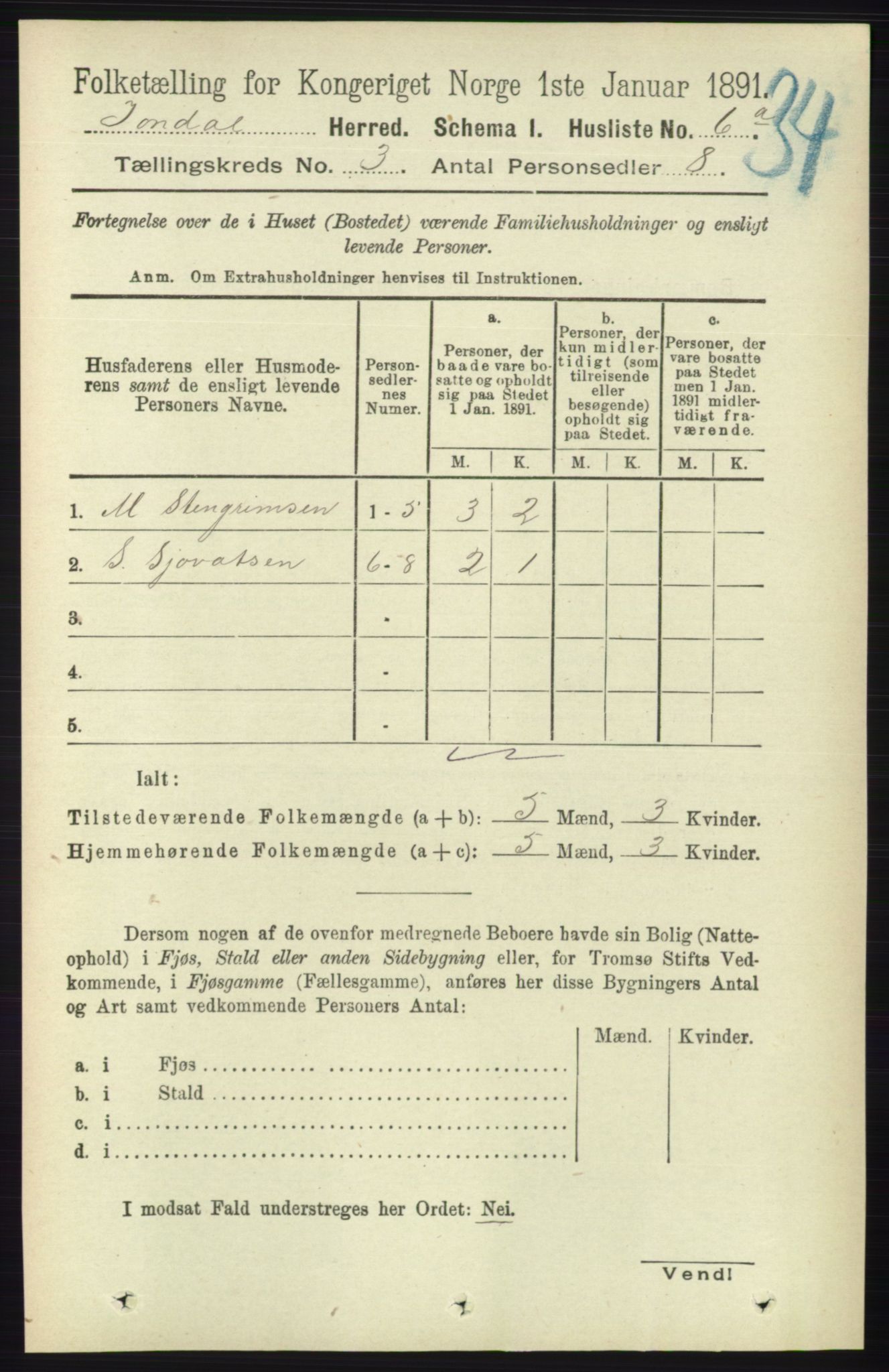 RA, 1891 census for 1227 Jondal, 1891, p. 1184