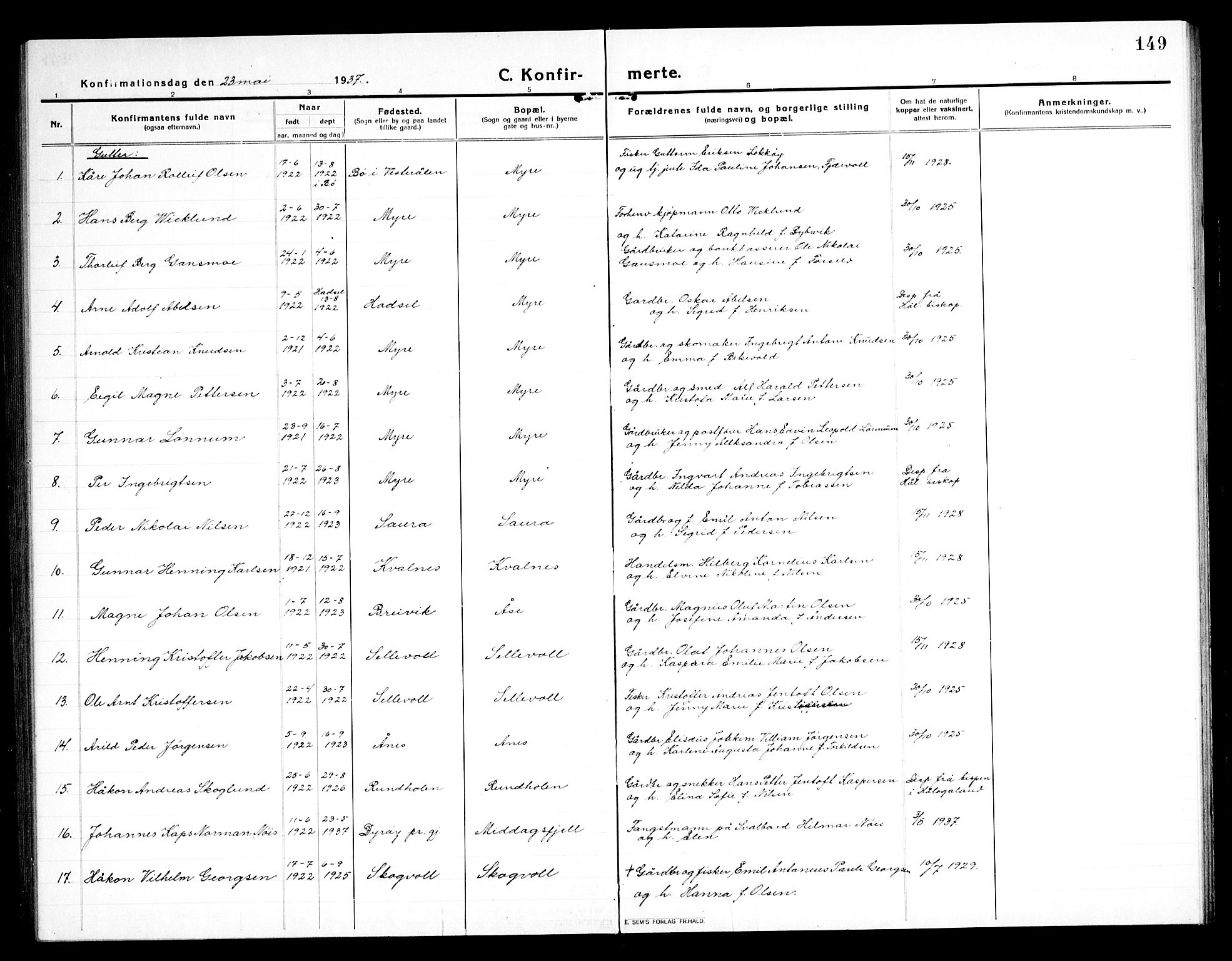 Ministerialprotokoller, klokkerbøker og fødselsregistre - Nordland, AV/SAT-A-1459/897/L1415: Parish register (copy) no. 897C05, 1916-1945, p. 149