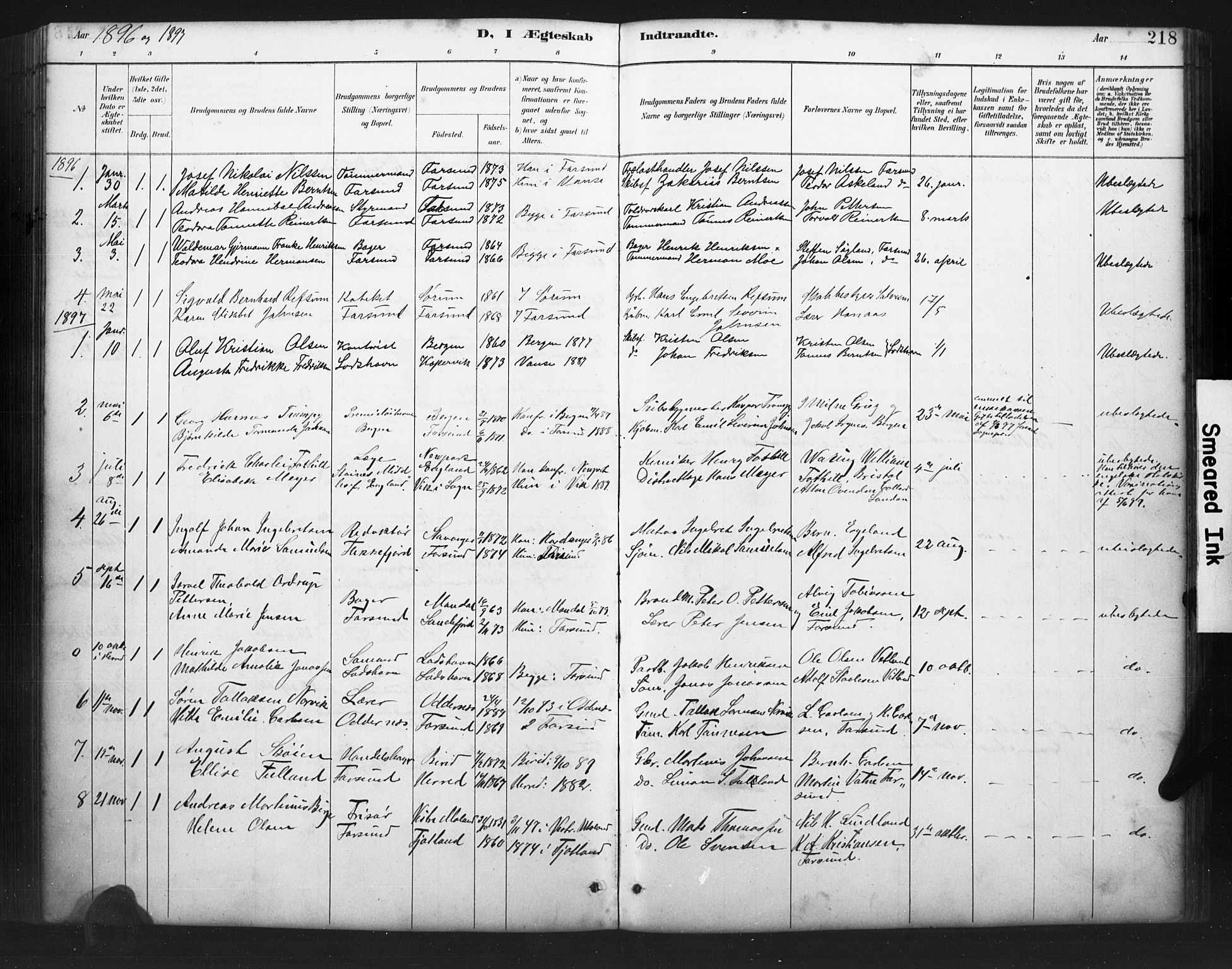 Farsund sokneprestkontor, AV/SAK-1111-0009/F/Fb/L0001: Parish register (copy) no. B 1, 1886-1931, p. 218