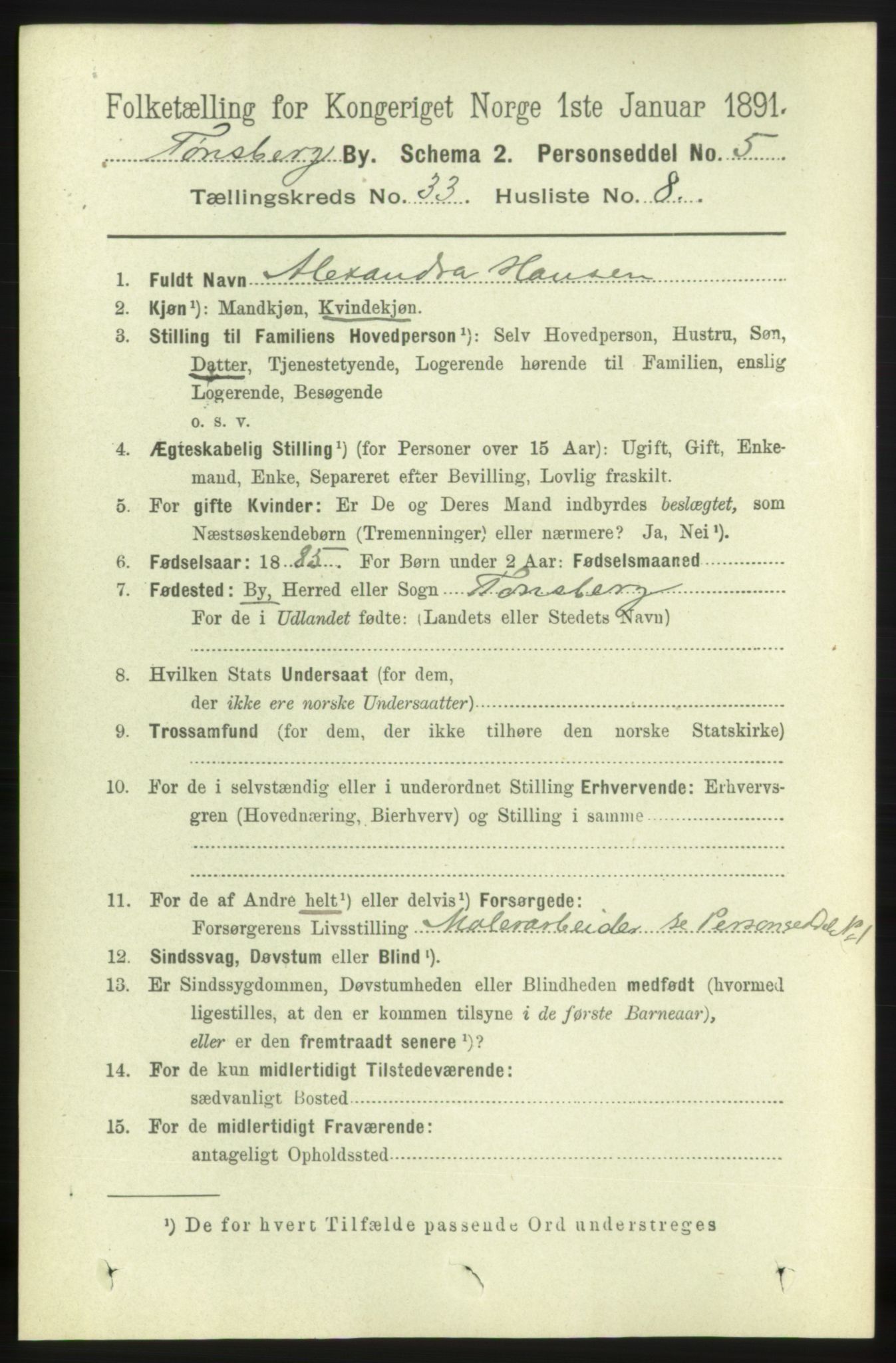 RA, 1891 census for 0705 Tønsberg, 1891, p. 7647