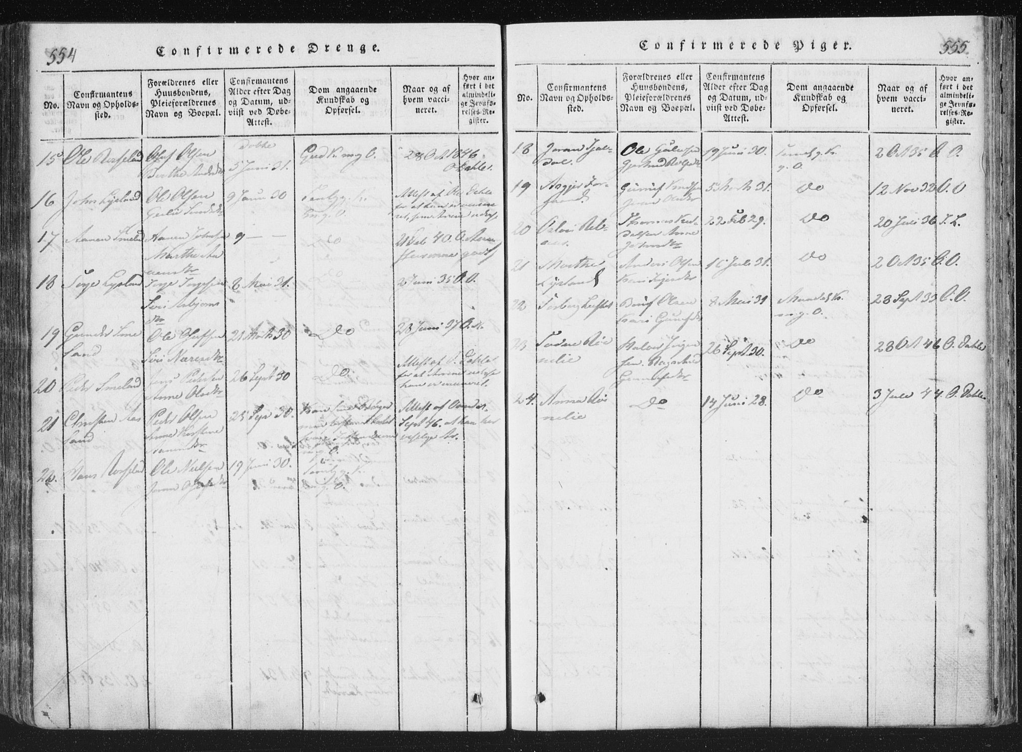 Åseral sokneprestkontor, SAK/1111-0051/F/Fa/L0001: Parish register (official) no. A 1, 1815-1853, p. 554-555