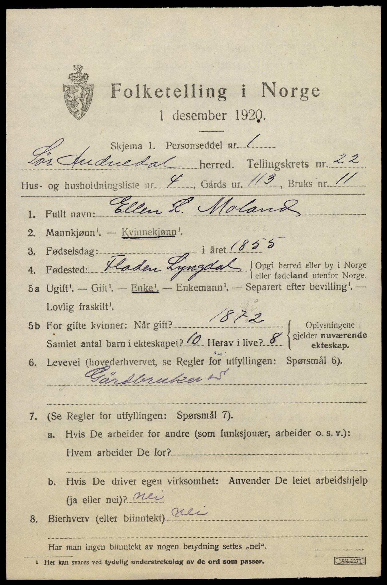 SAK, 1920 census for Sør-Audnedal, 1920, p. 7129