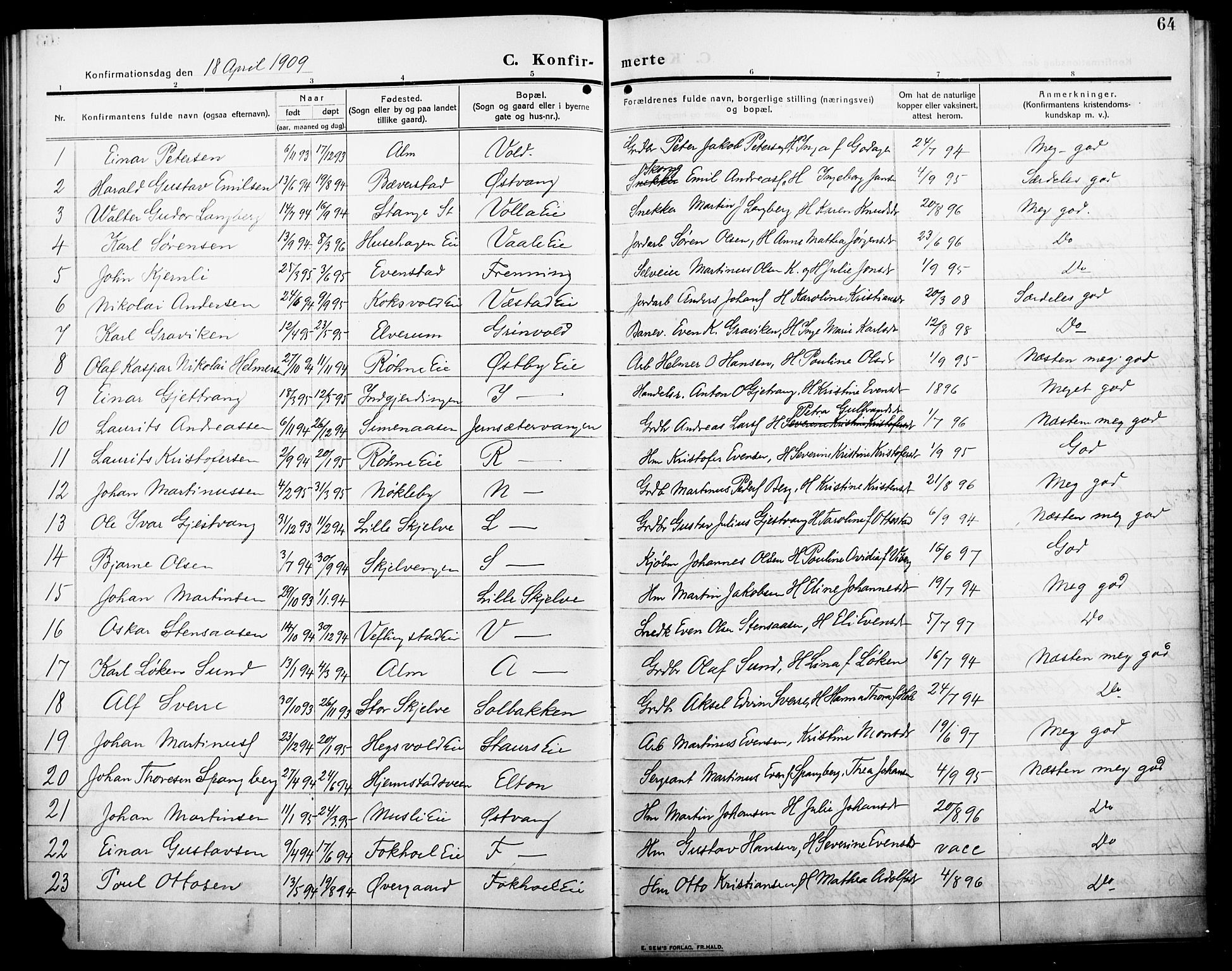 Stange prestekontor, AV/SAH-PREST-002/L/L0014: Parish register (copy) no. 14, 1909-1917, p. 64