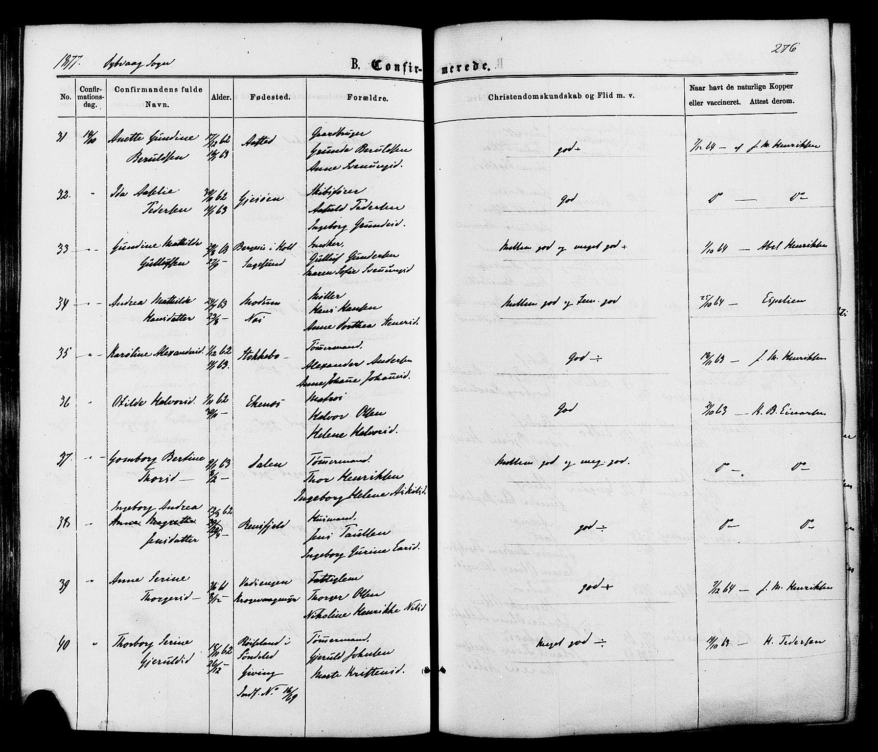 Dypvåg sokneprestkontor, AV/SAK-1111-0007/F/Fa/Faa/L0007: Parish register (official) no. A 7/ 1, 1872-1884, p. 276