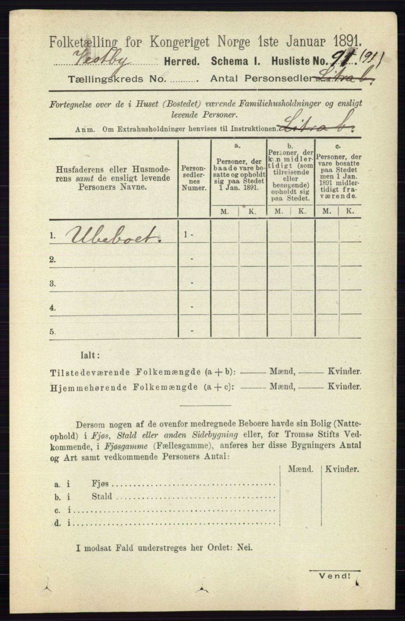 RA, 1891 census for 0211 Vestby, 1891, p. 1570