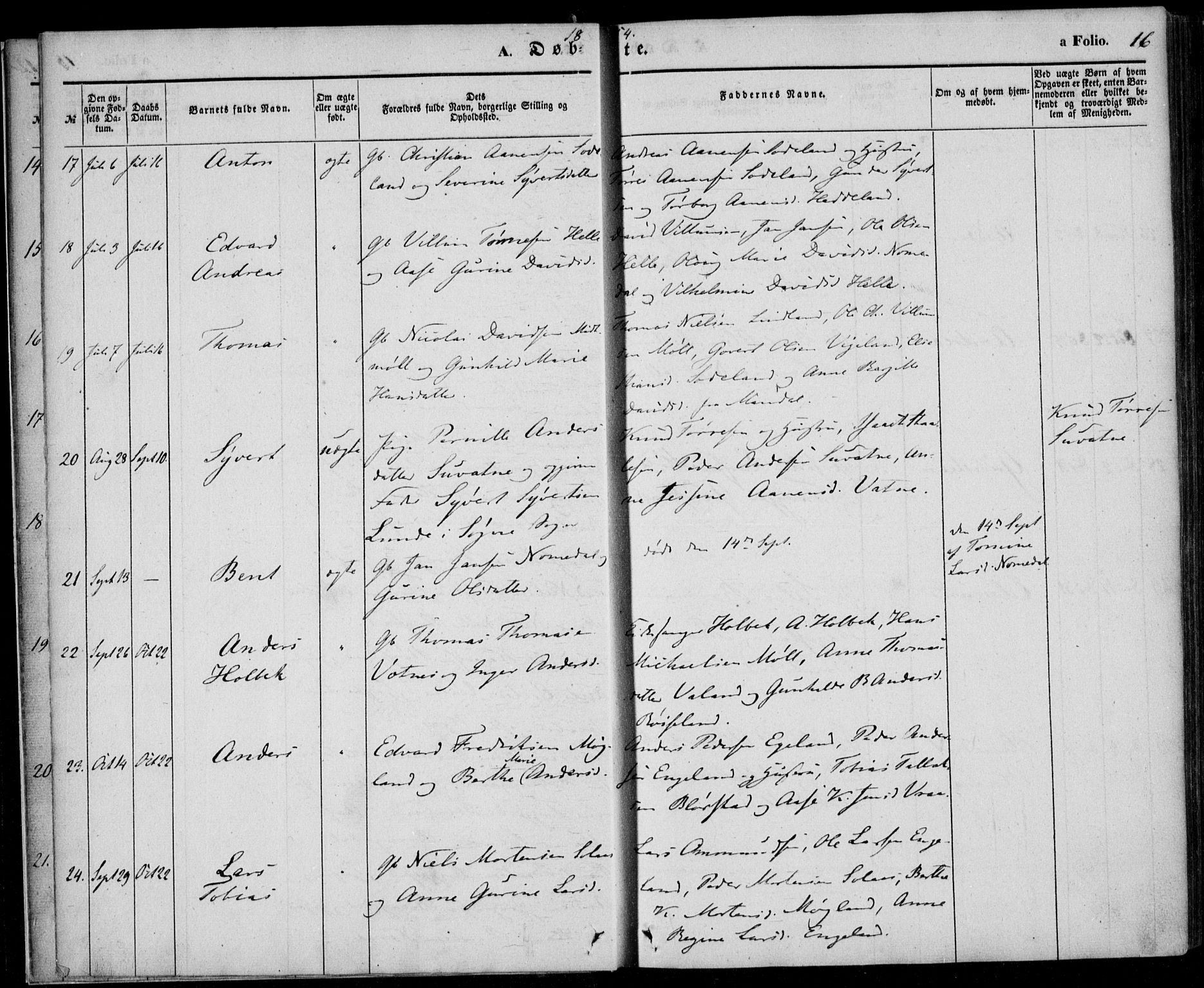 Holum sokneprestkontor, AV/SAK-1111-0022/F/Fa/Faa/L0005: Parish register (official) no. A 5, 1850-1864, p. 16