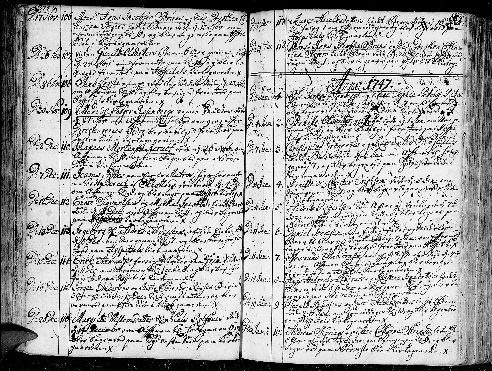 Kristiansand domprosti, SAK/1112-0006/F/Fa/L0001: Parish register (official) no. A 1, 1734-1793, p. 374-375