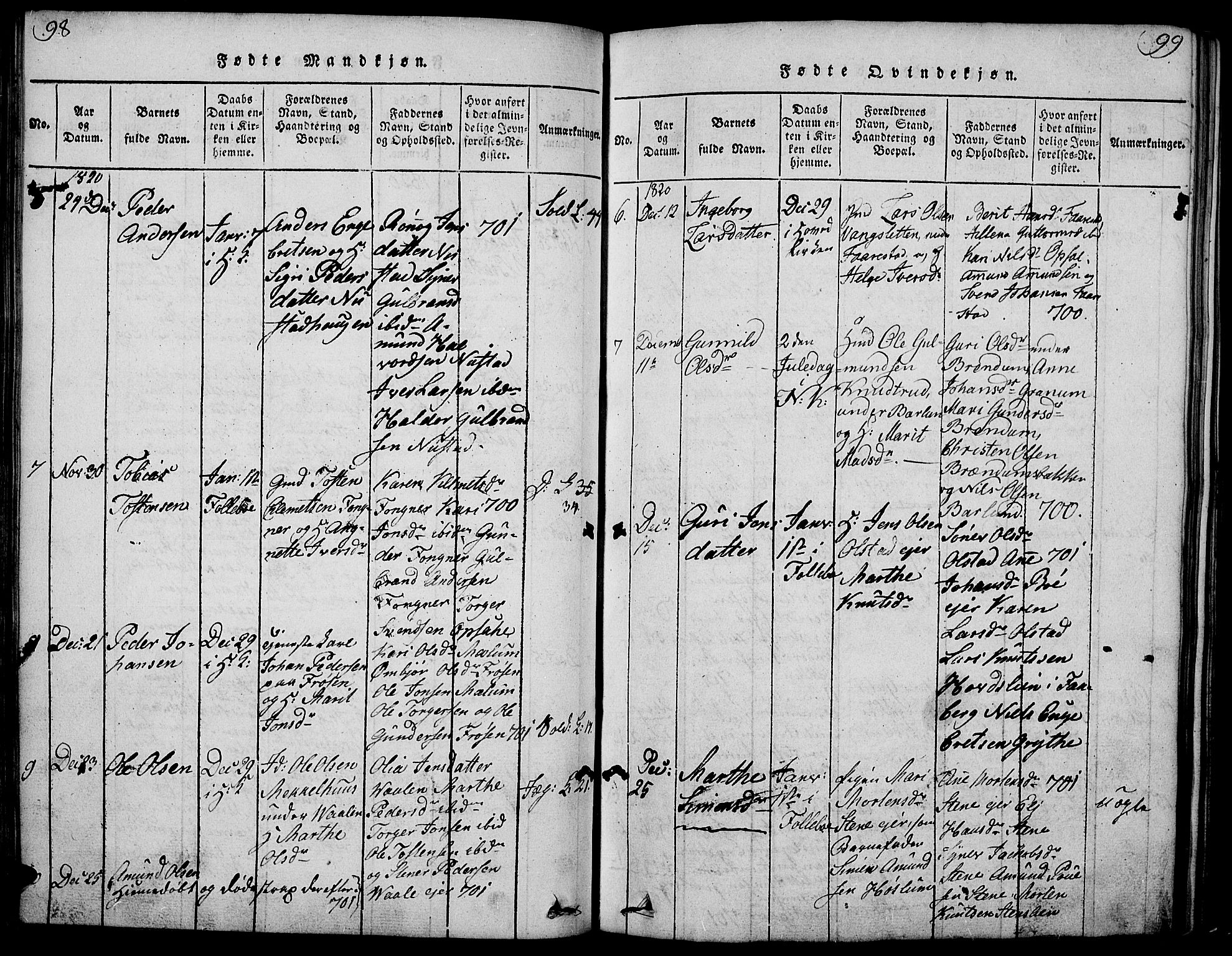 Gausdal prestekontor, SAH/PREST-090/H/Ha/Haa/L0005: Parish register (official) no. 5, 1817-1829, p. 98-99