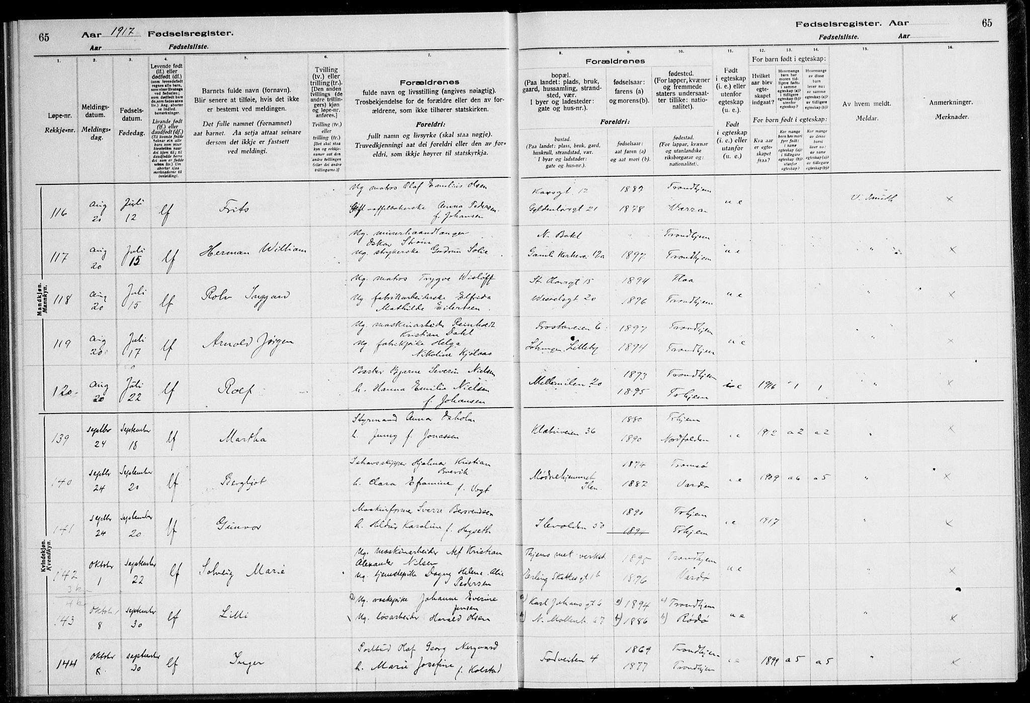 Ministerialprotokoller, klokkerbøker og fødselsregistre - Sør-Trøndelag, AV/SAT-A-1456/600/L0002: Birth register no. 600.II.4.1, 1916-1920, p. 65