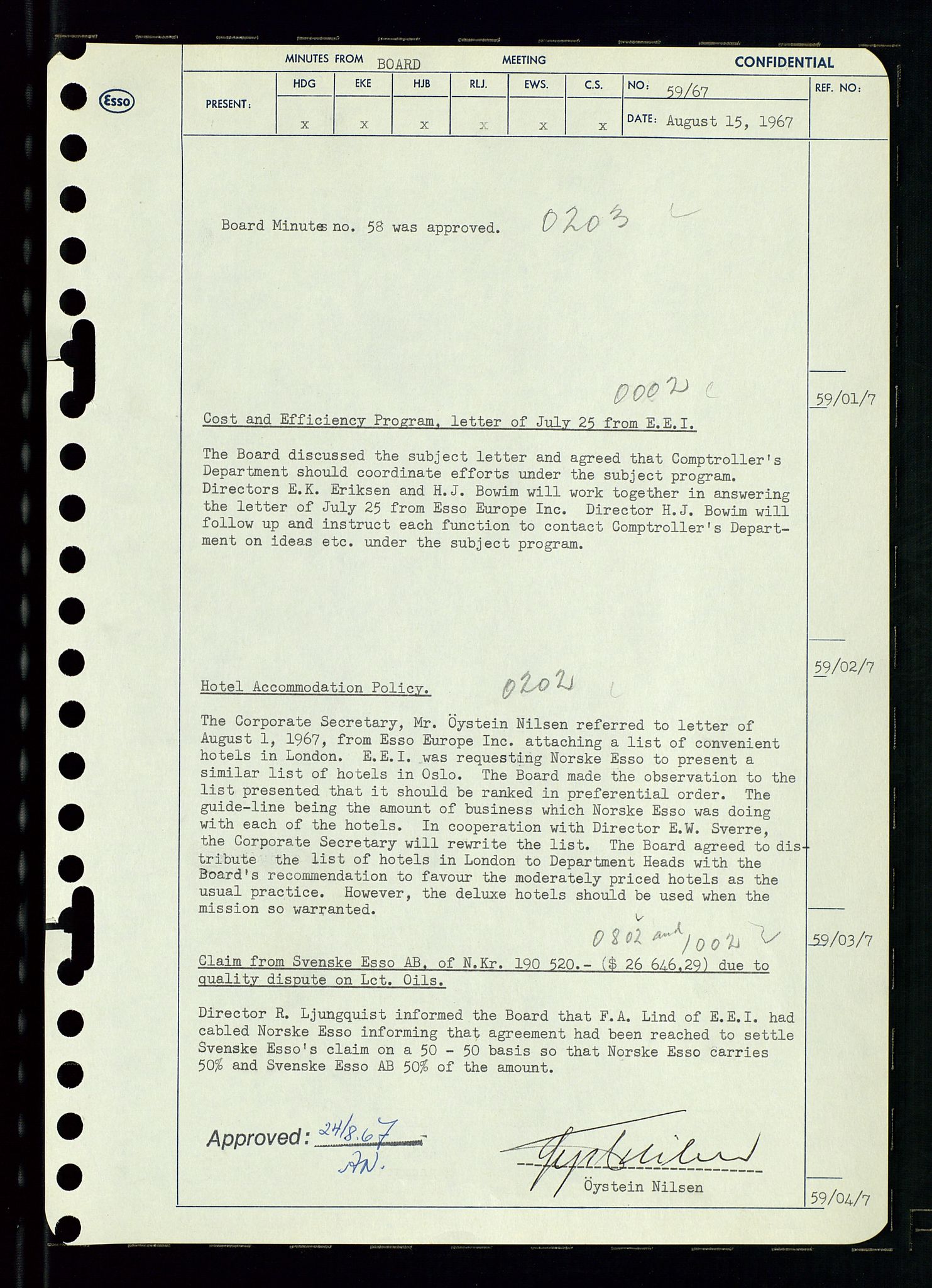 Pa 0982 - Esso Norge A/S, AV/SAST-A-100448/A/Aa/L0002/0003: Den administrerende direksjon Board minutes (styrereferater) / Den administrerende direksjon Board minutes (styrereferater), 1967, p. 124