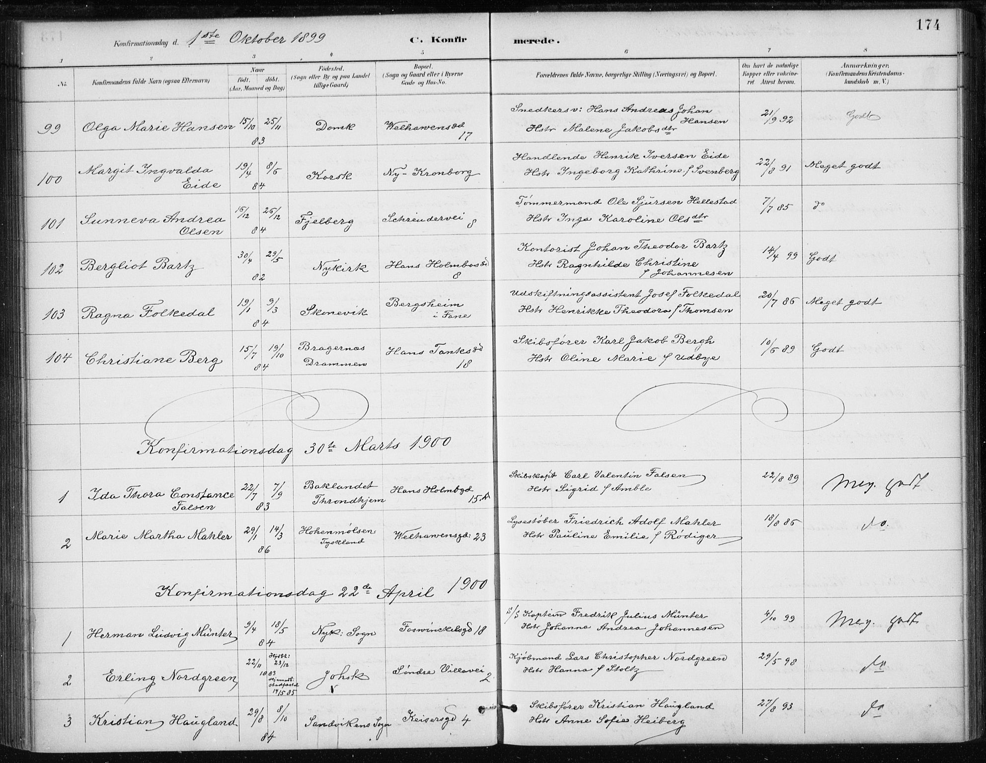 Johanneskirken sokneprestembete, SAB/A-76001/H/Haa/L0008: Parish register (official) no. C 1, 1885-1907, p. 174