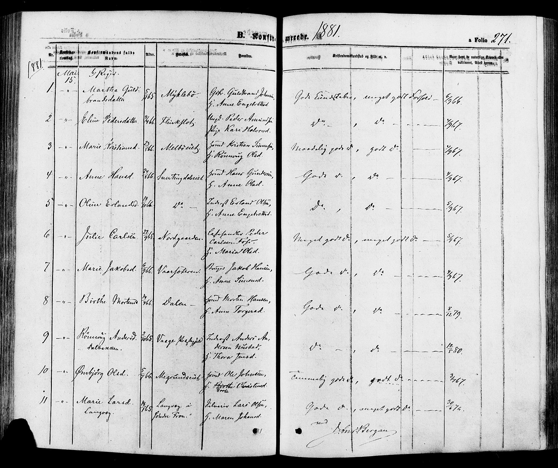 Gausdal prestekontor, SAH/PREST-090/H/Ha/Haa/L0010: Parish register (official) no. 10, 1867-1886, p. 271