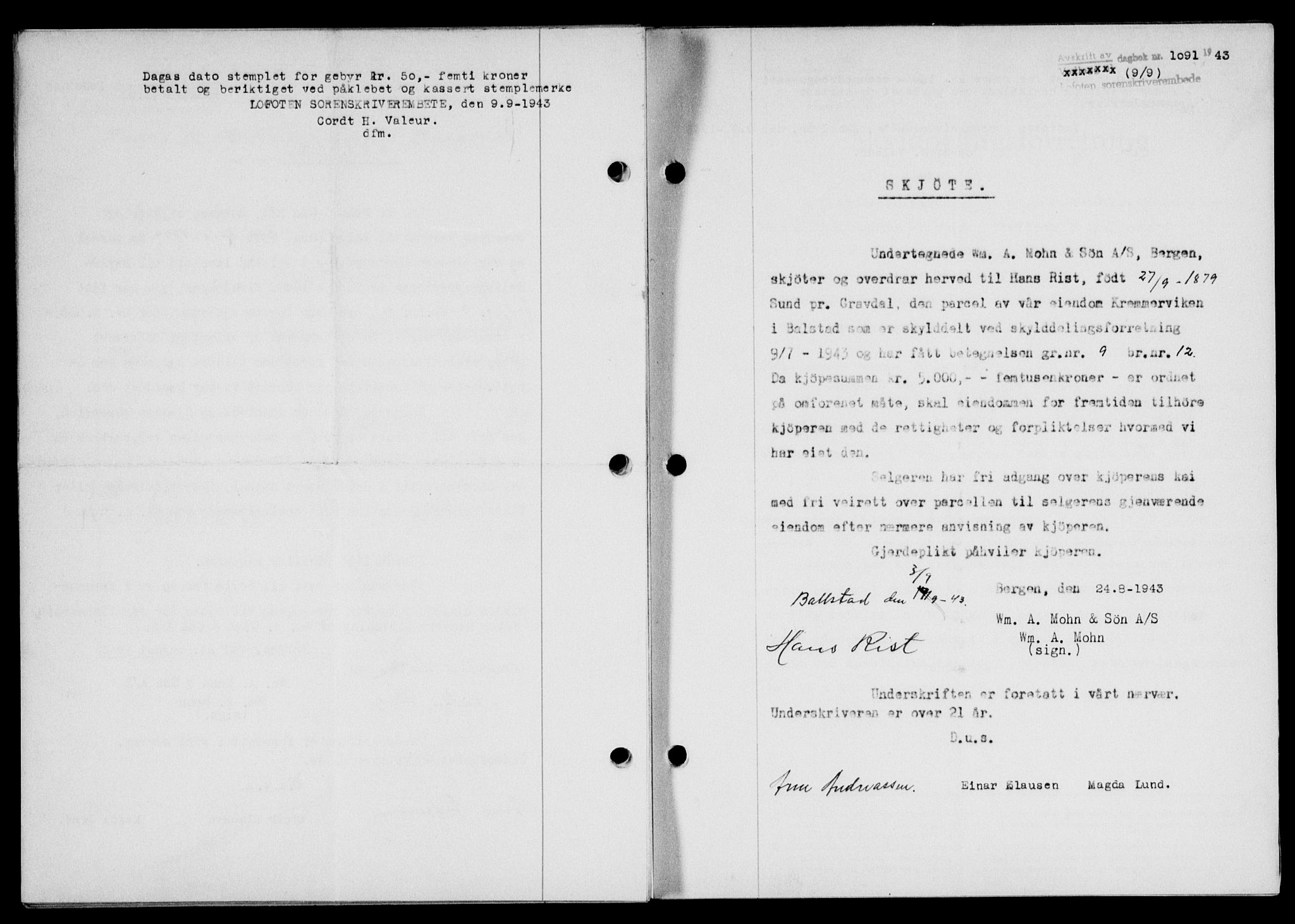 Lofoten sorenskriveri, SAT/A-0017/1/2/2C/L0011a: Mortgage book no. 11a, 1943-1943, Diary no: : 1091/1943
