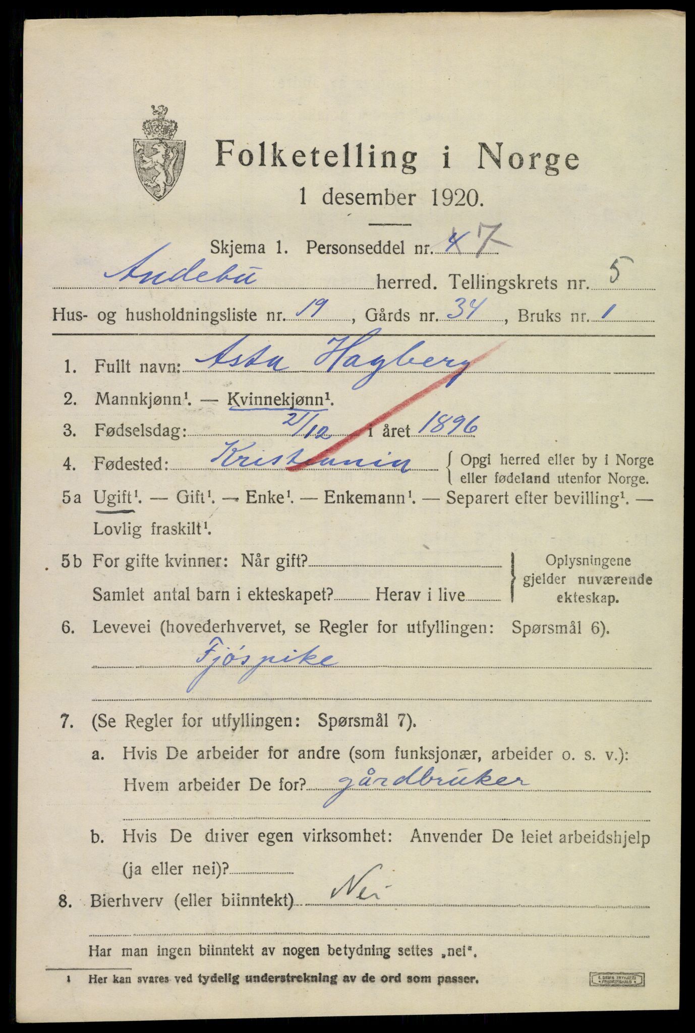 SAKO, 1920 census for Andebu, 1920, p. 2820