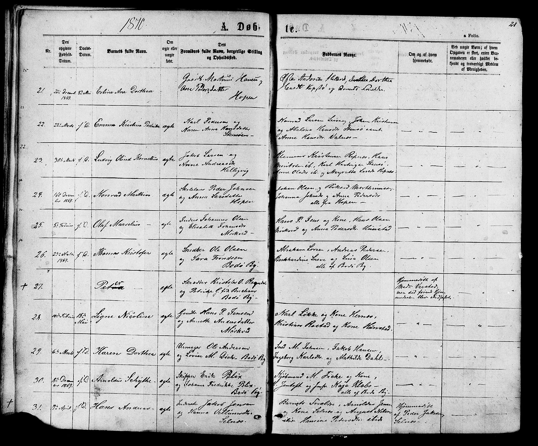 Ministerialprotokoller, klokkerbøker og fødselsregistre - Nordland, SAT/A-1459/801/L0029: Parish register (copy) no. 801C04, 1868-1878, p. 21