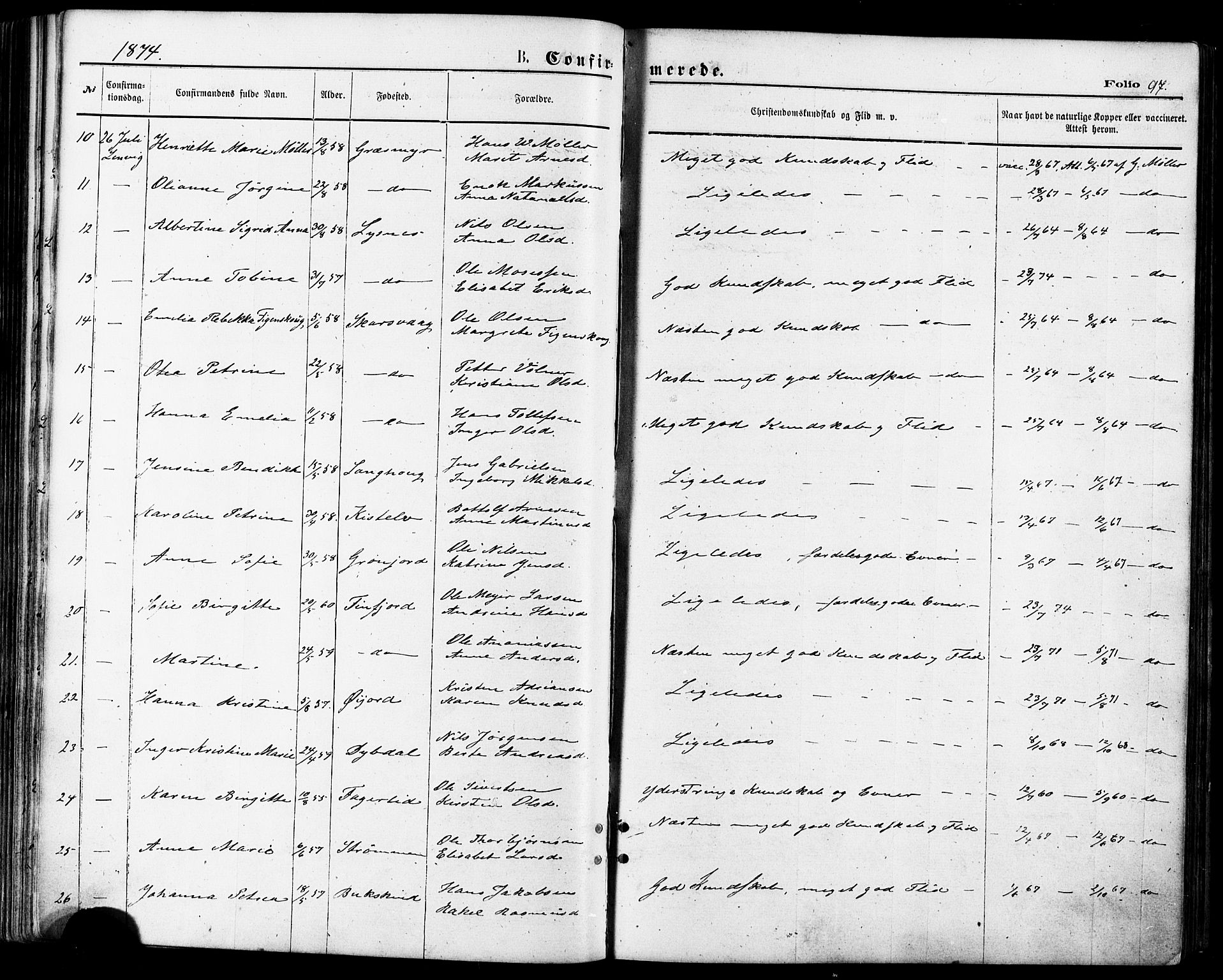 Lenvik sokneprestembete, SATØ/S-1310/H/Ha/Haa/L0010kirke: Parish register (official) no. 10, 1873-1880, p. 97