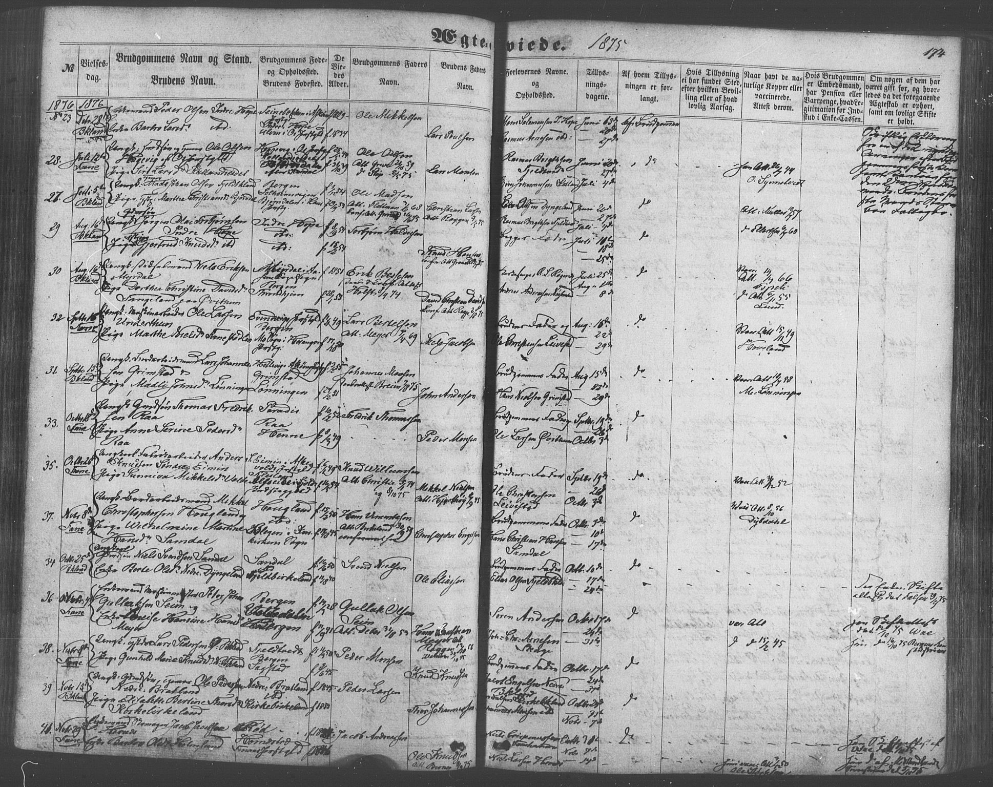 Fana Sokneprestembete, AV/SAB-A-75101/H/Haa/Haaa/L0012: Parish register (official) no. A 12, 1862-1878, p. 174