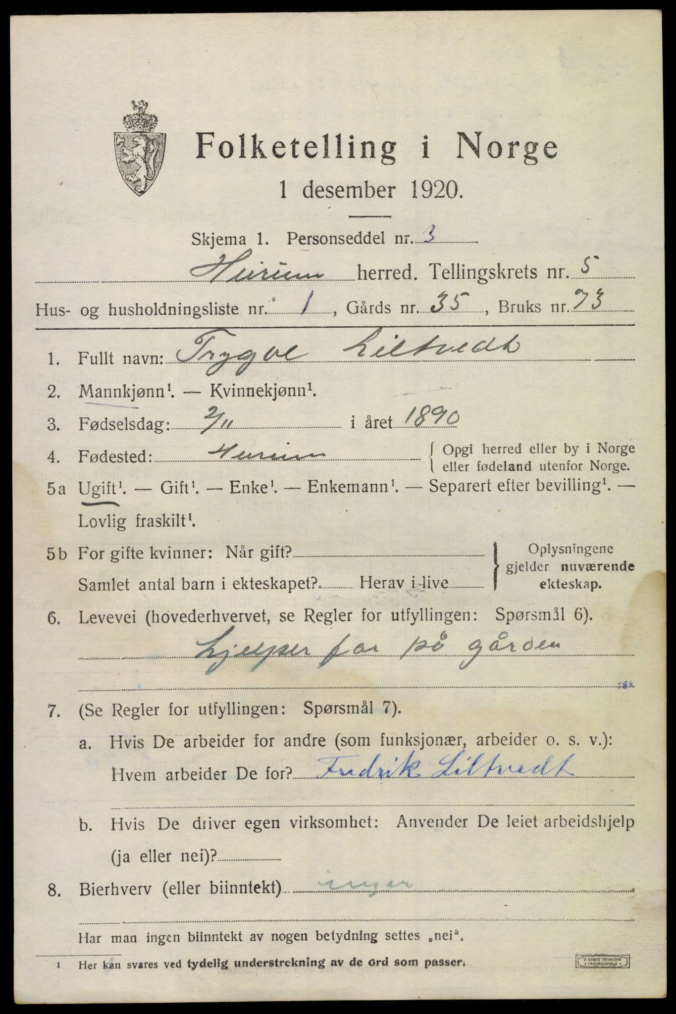 SAKO, 1920 census for Hurum, 1920, p. 6100