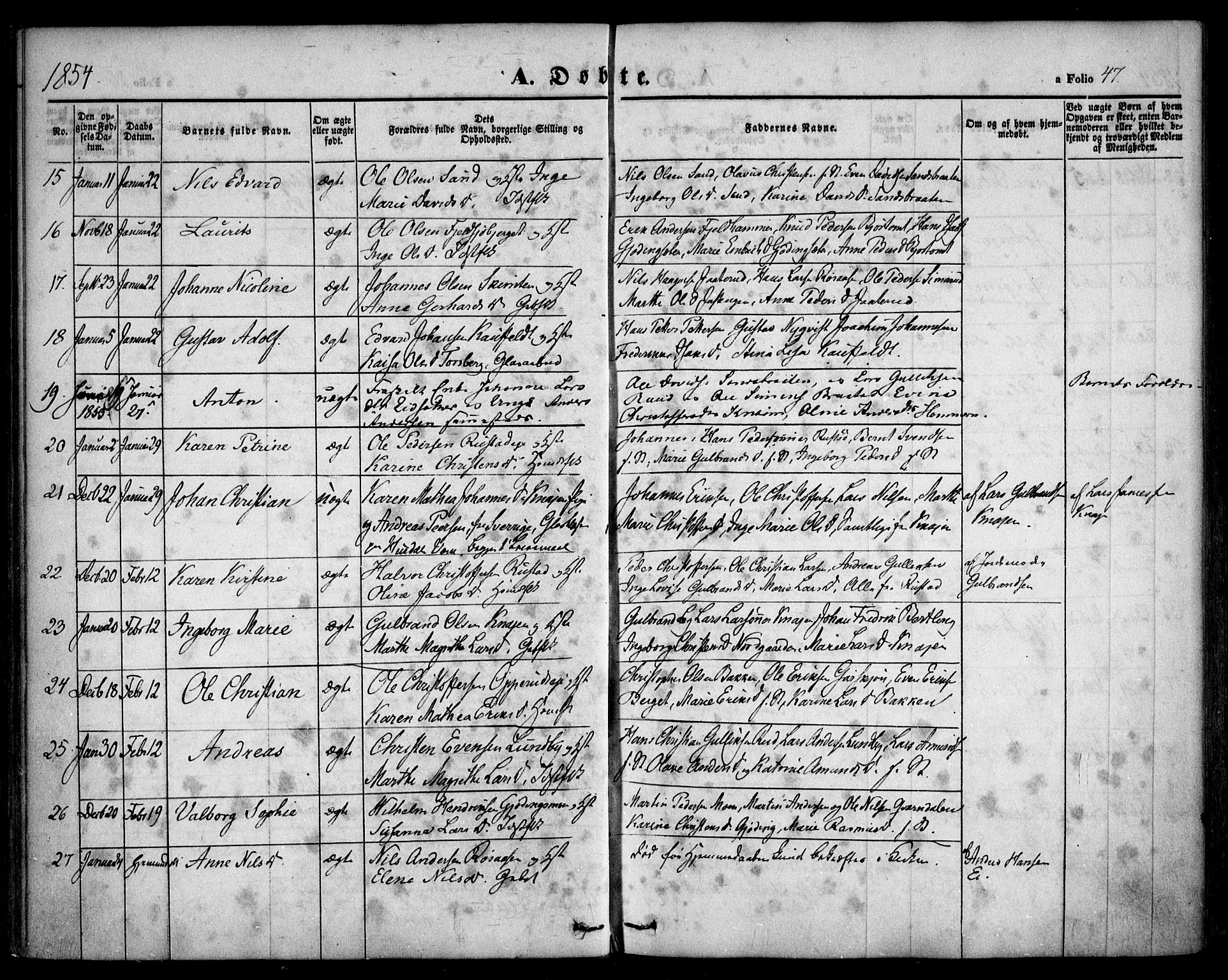 Hurdal prestekontor Kirkebøker, SAO/A-10889/F/Fa/L0005: Parish register (official) no. I 5, 1846-1859, p. 47