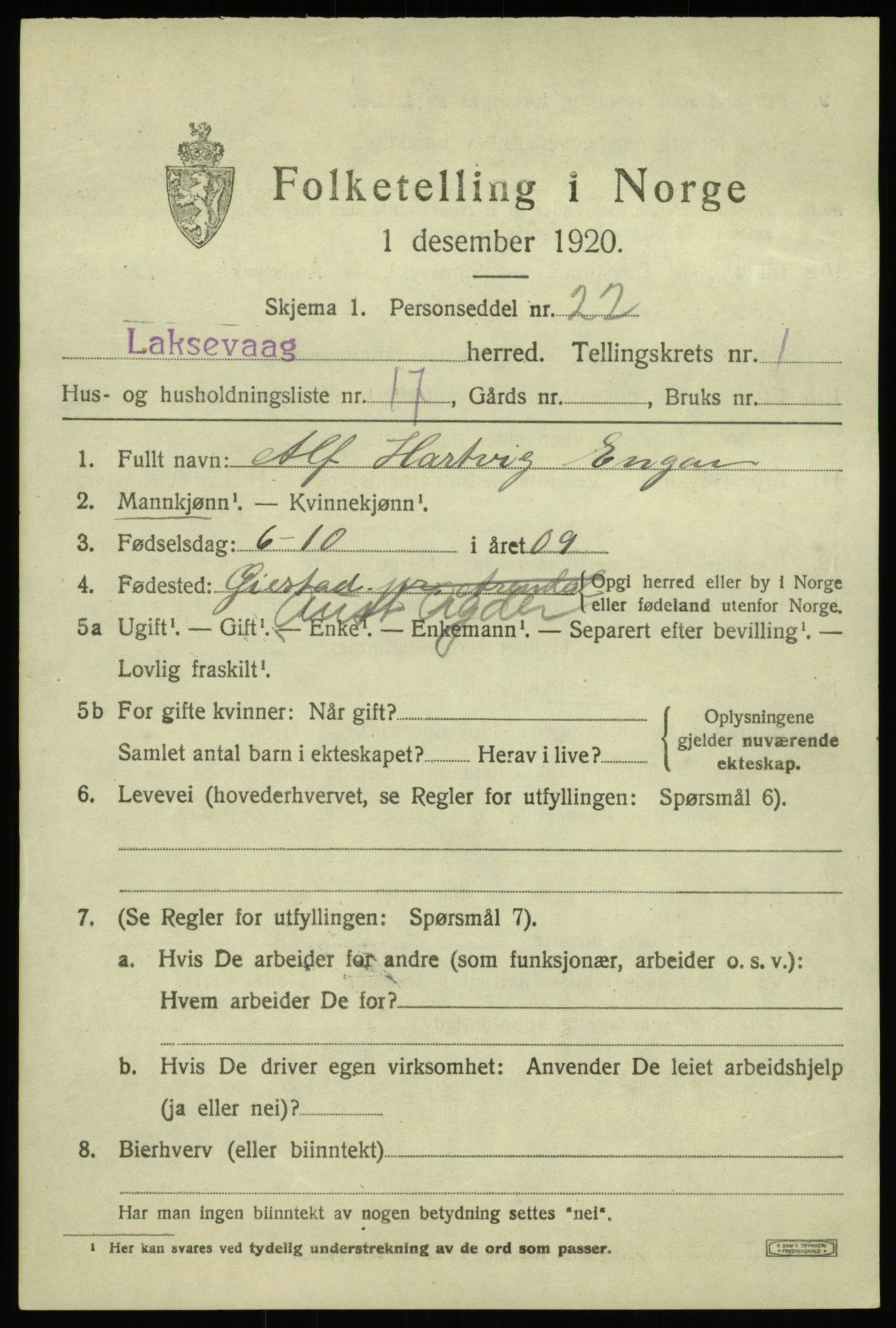 SAB, 1920 census for Laksevåg, 1920, p. 2448