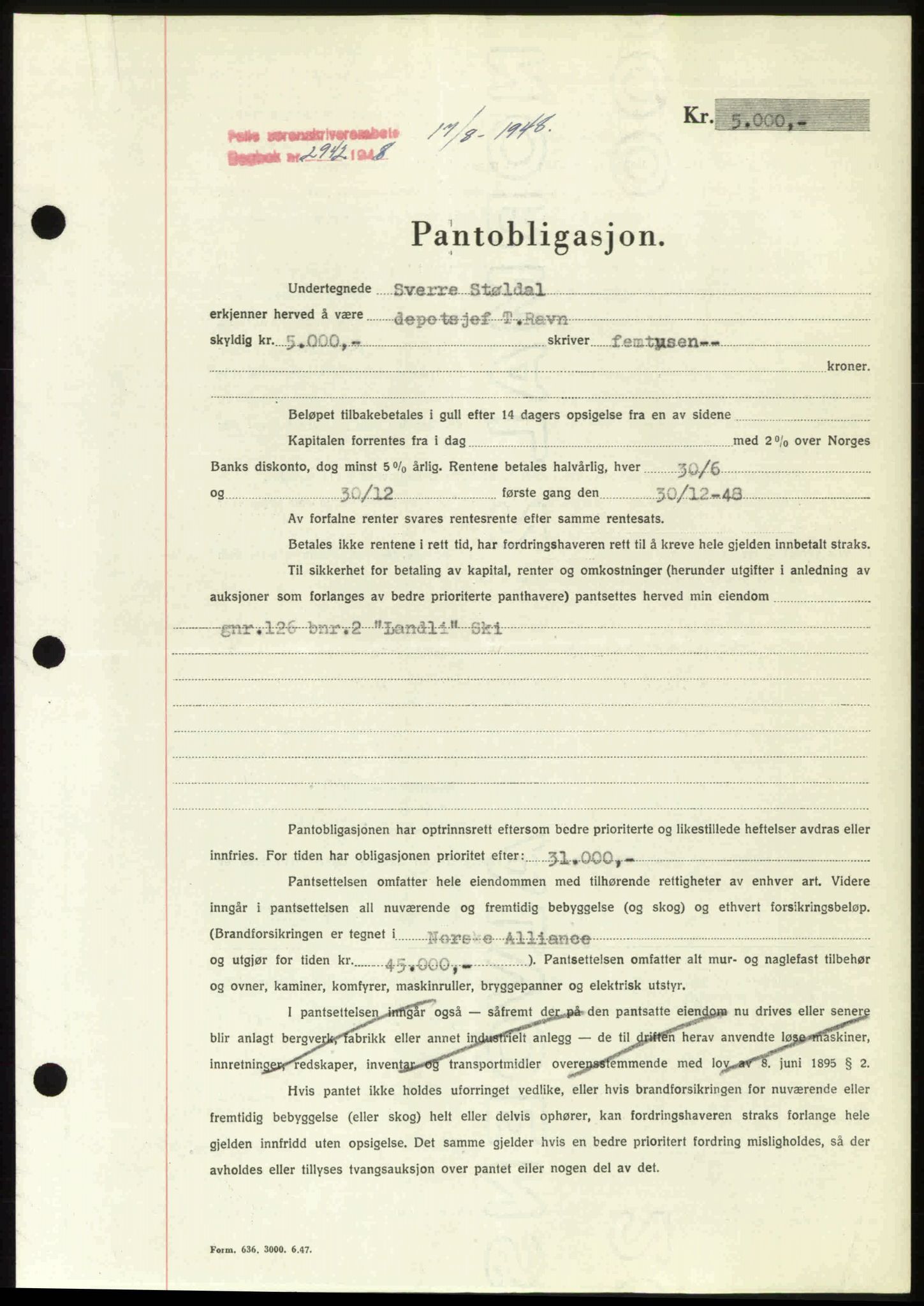Follo sorenskriveri, SAO/A-10274/G/Ga/Gaa/L0085: Mortgage book no. I 85, 1948-1948, Diary no: : 2942/1948