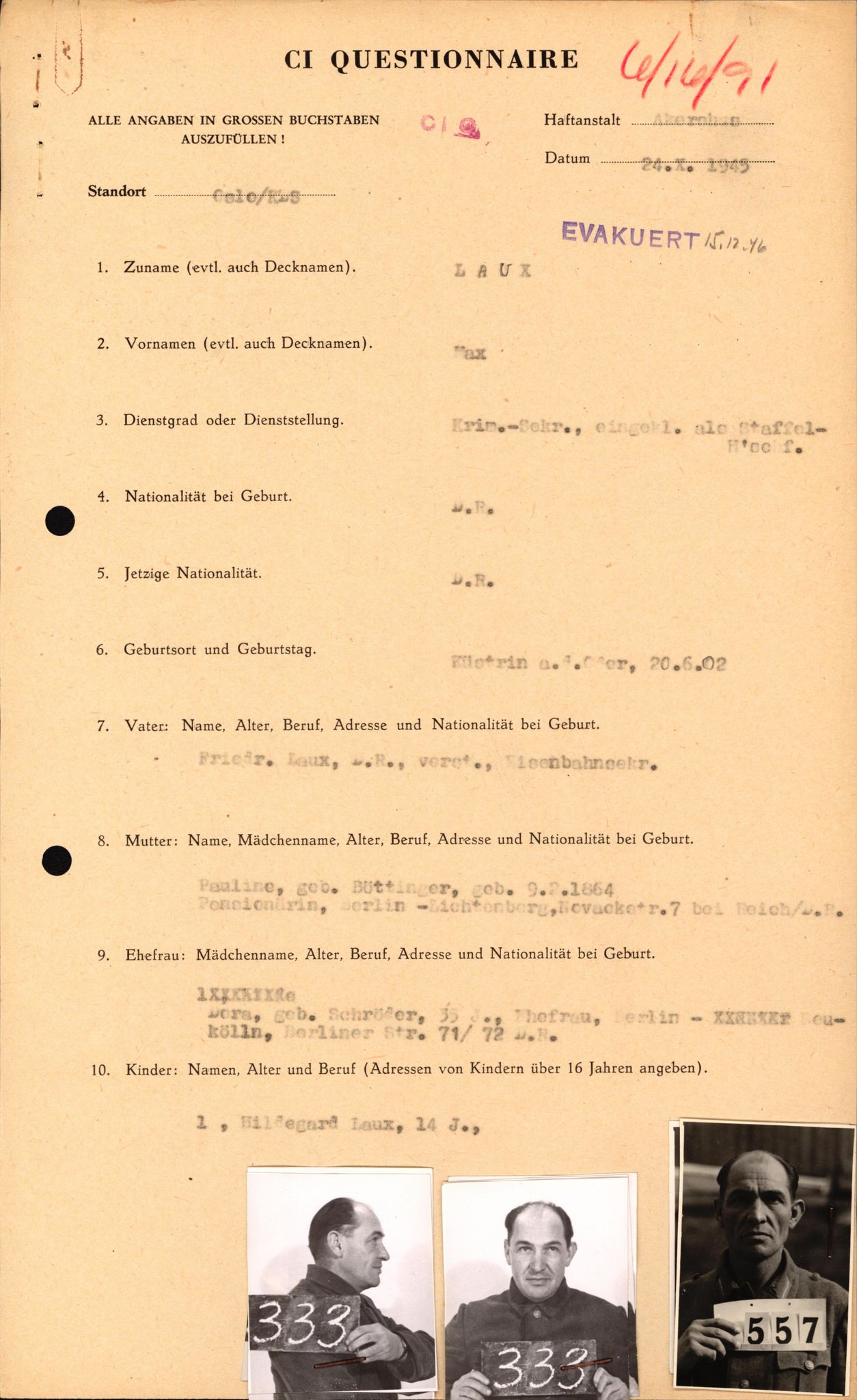 Forsvaret, Forsvarets overkommando II, AV/RA-RAFA-3915/D/Db/L0039: CI Questionaires. Tyske okkupasjonsstyrker i Norge. Østerrikere., 1945-1946, p. 276