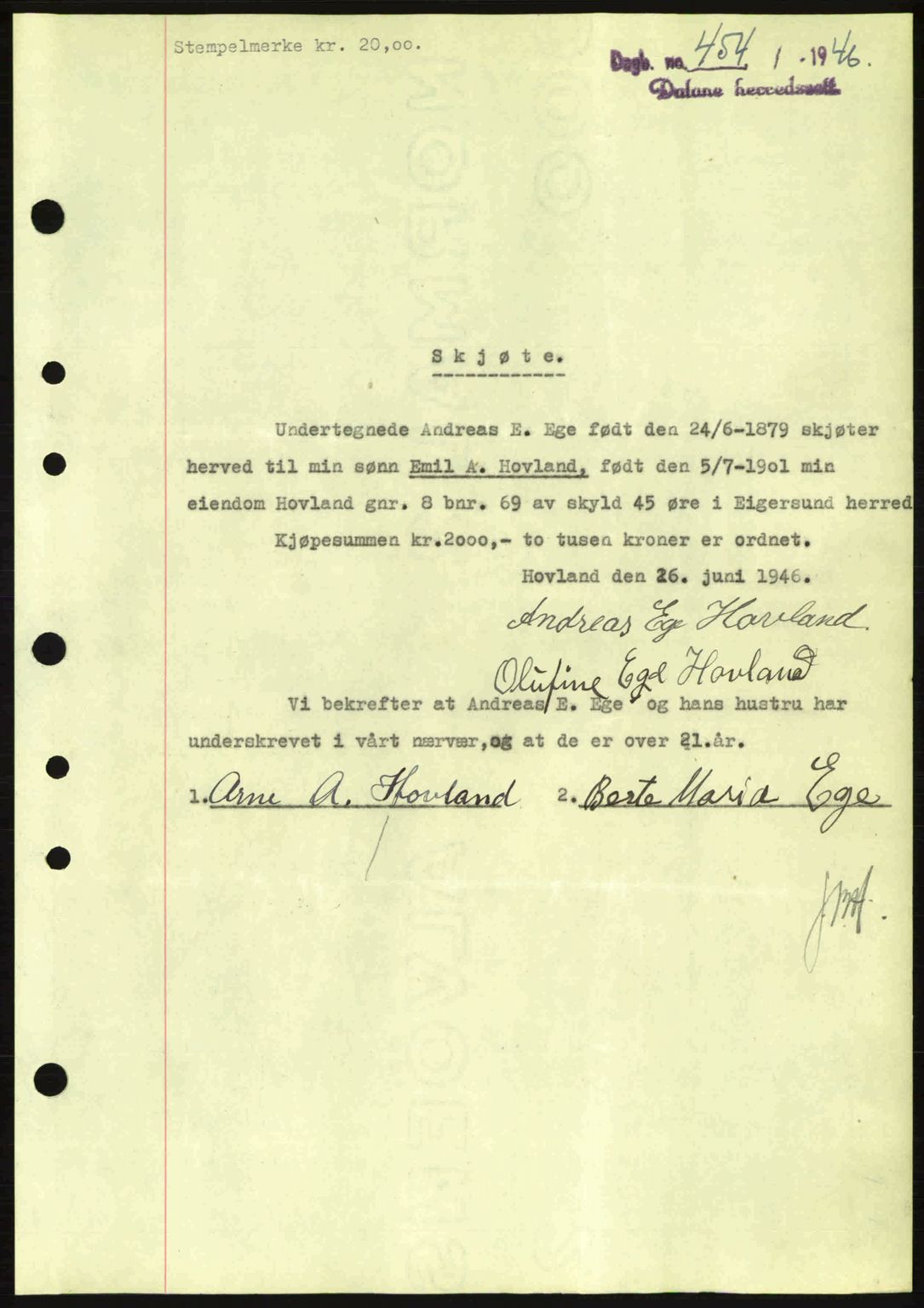 Dalane sorenskriveri, AV/SAST-A-100309/02/G/Gb/L0049: Mortgage book no. A9, 1946-1947, Diary no: : 454/1946