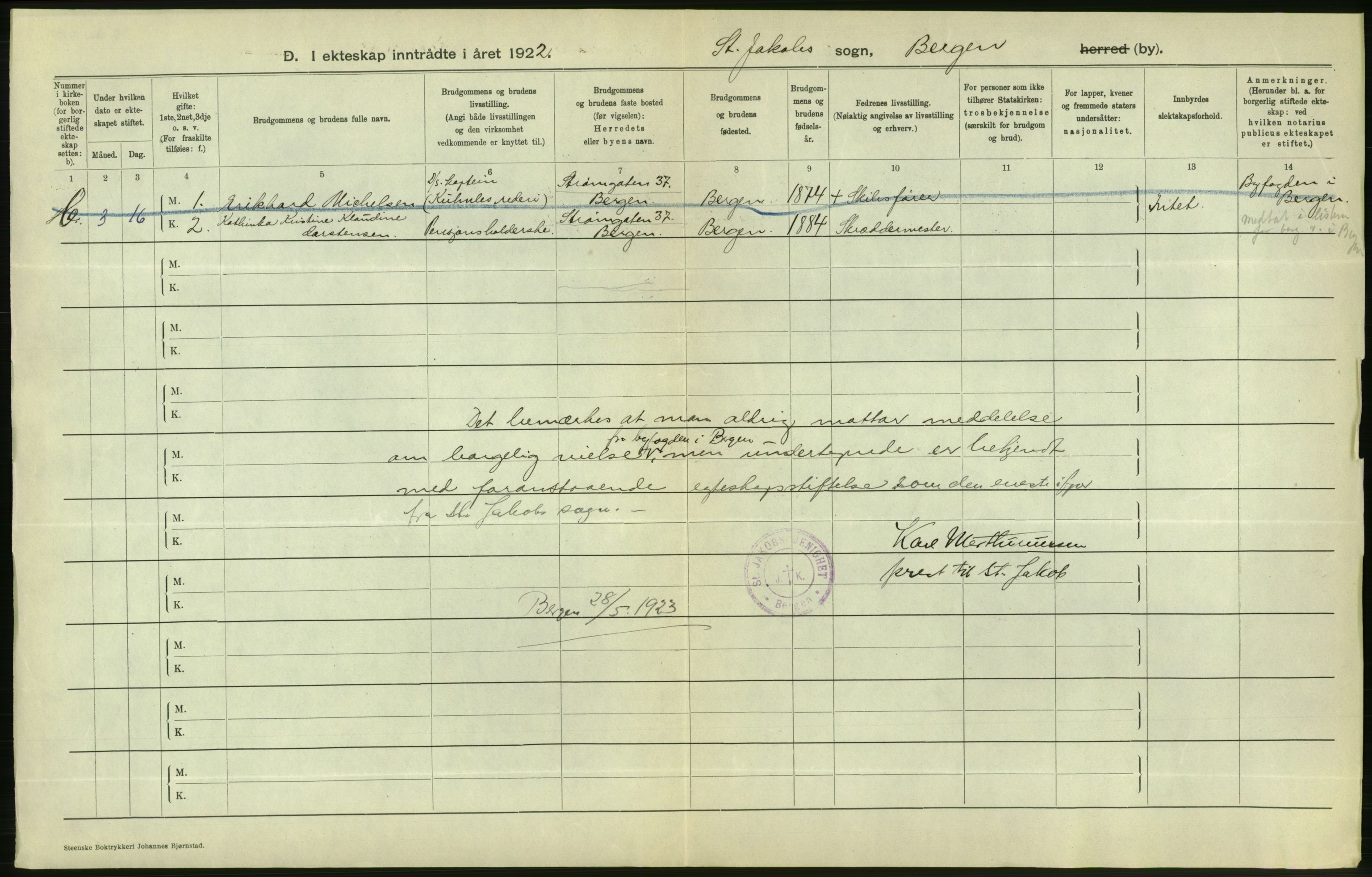 Statistisk sentralbyrå, Sosiodemografiske emner, Befolkning, AV/RA-S-2228/D/Df/Dfc/Dfcb/L0030: Bergen: Gifte, døde, dødfødte., 1922, p. 32