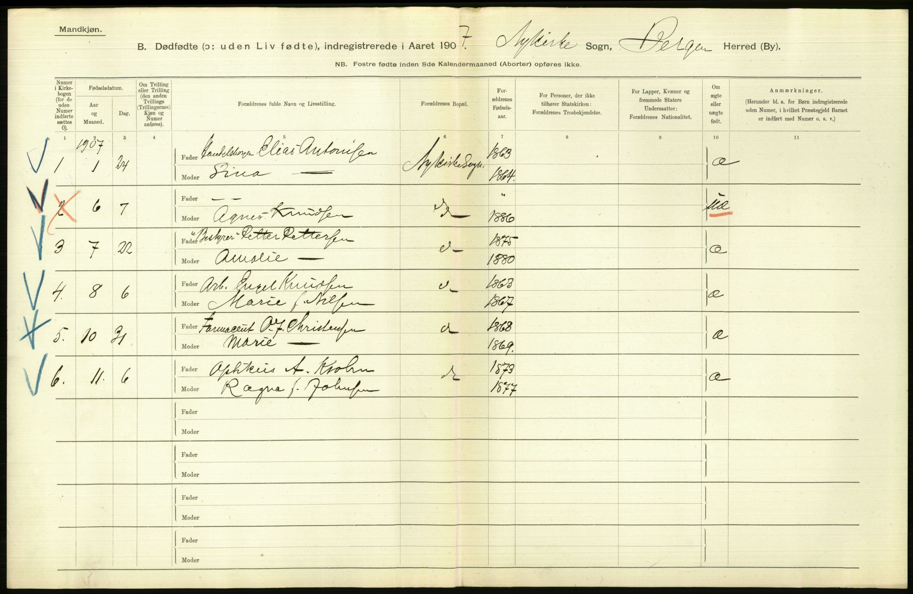 Statistisk sentralbyrå, Sosiodemografiske emner, Befolkning, RA/S-2228/D/Df/Dfa/Dfae/L0031: Bergen: gifte, døde, dødfødte., 1907, p. 424