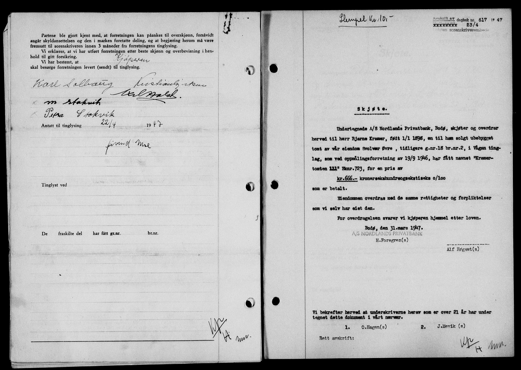 Lofoten sorenskriveri, SAT/A-0017/1/2/2C/L0015a: Mortgage book no. 15a, 1946-1947, Diary no: : 617/1947
