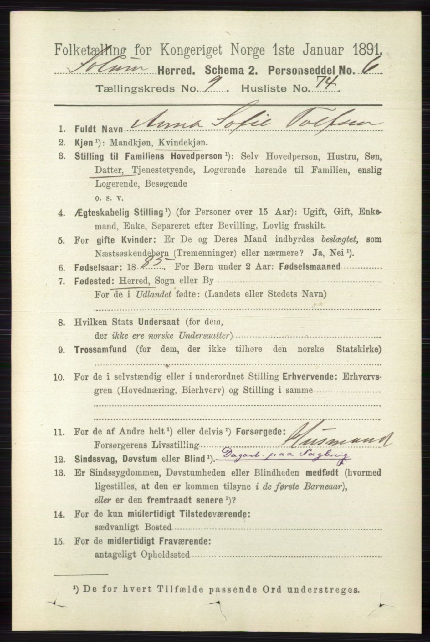 RA, 1891 census for 0818 Solum, 1891, p. 2472