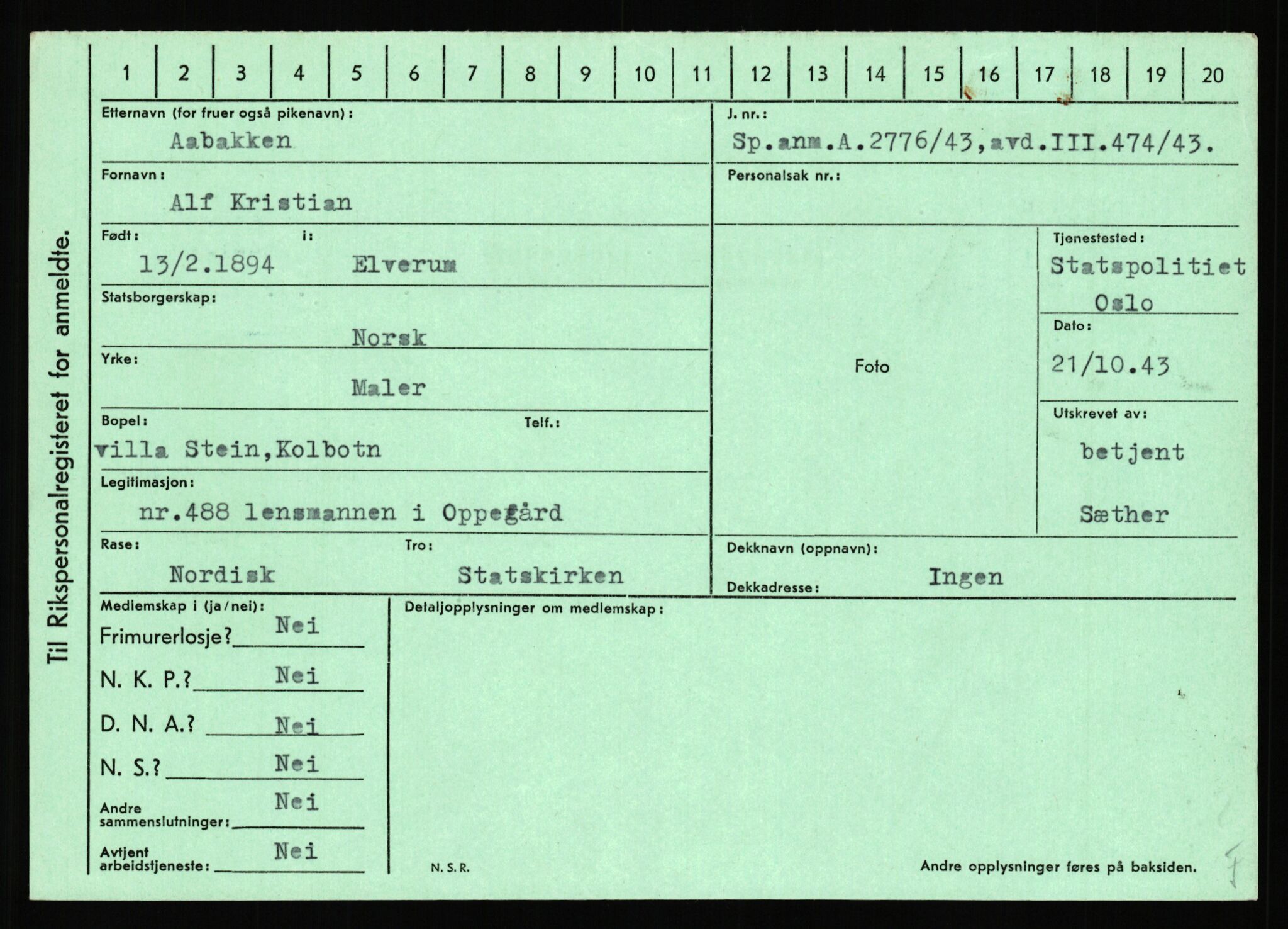 Statspolitiet - Hovedkontoret / Osloavdelingen, AV/RA-S-1329/C/Ca/L0001: Aabakken - Armann, 1943-1945, p. 2