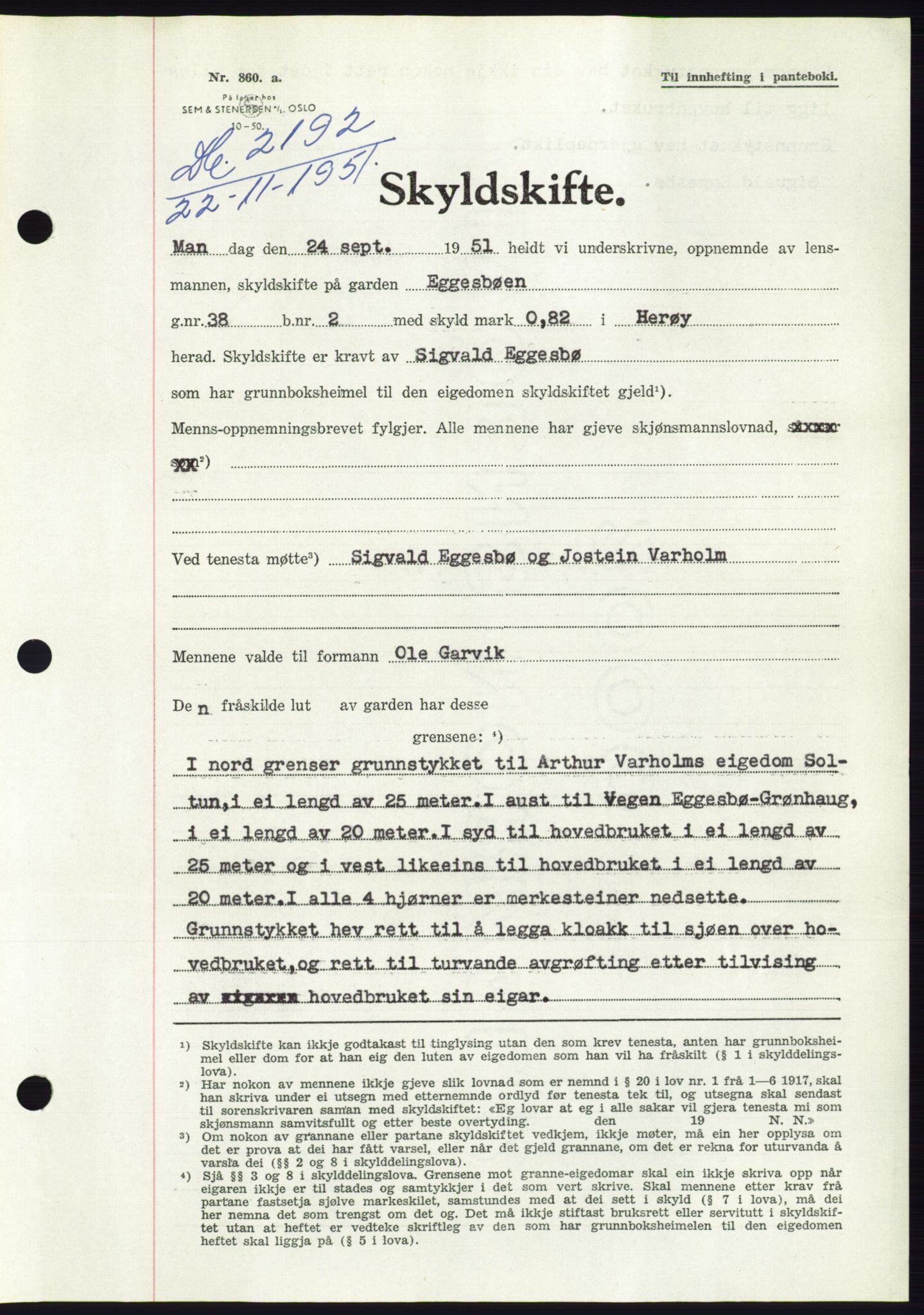 Søre Sunnmøre sorenskriveri, AV/SAT-A-4122/1/2/2C/L0090: Mortgage book no. 16A, 1951-1951, Diary no: : 2192/1951