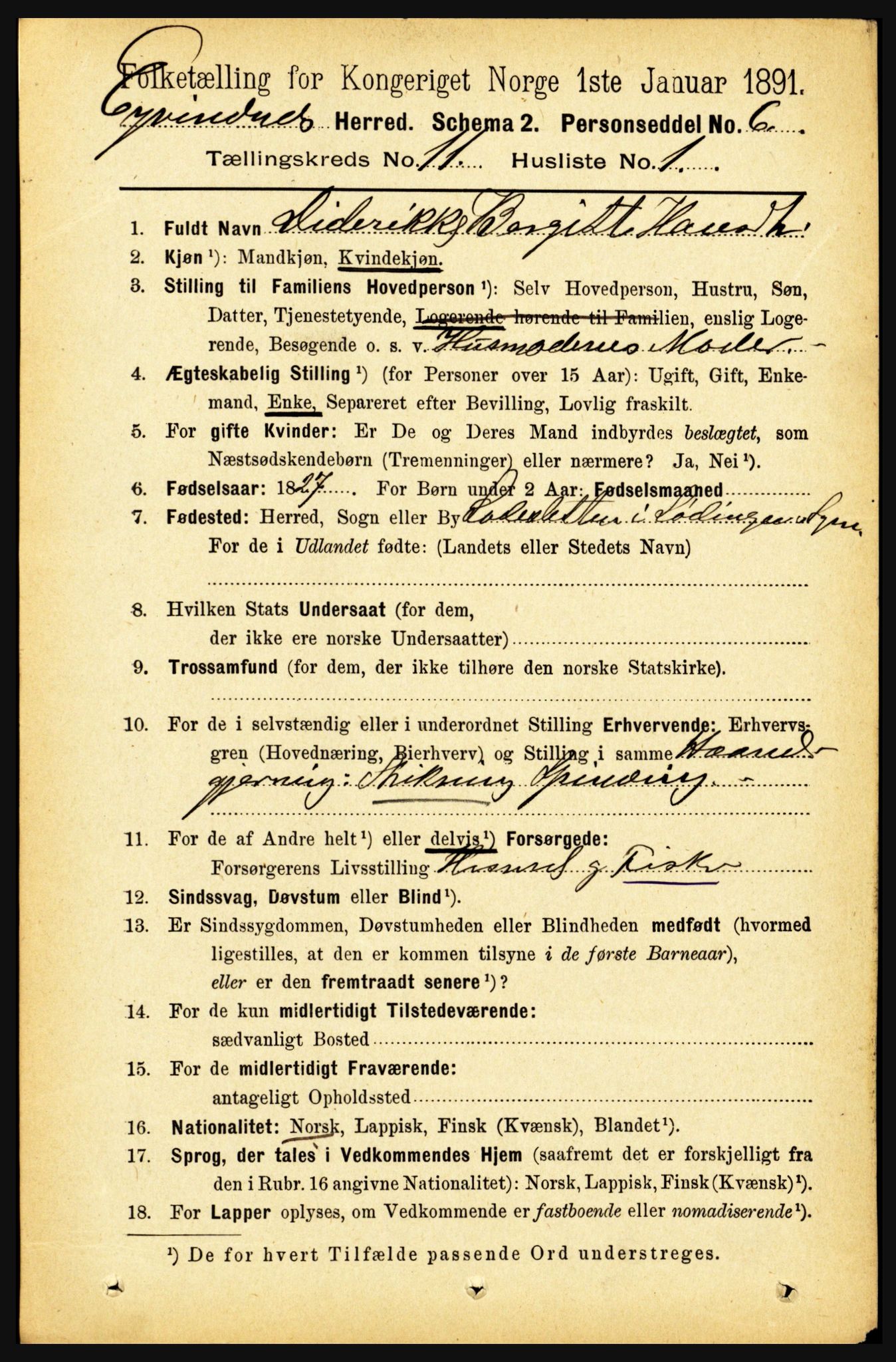 RA, 1891 census for 1853 Evenes, 1891, p. 3474