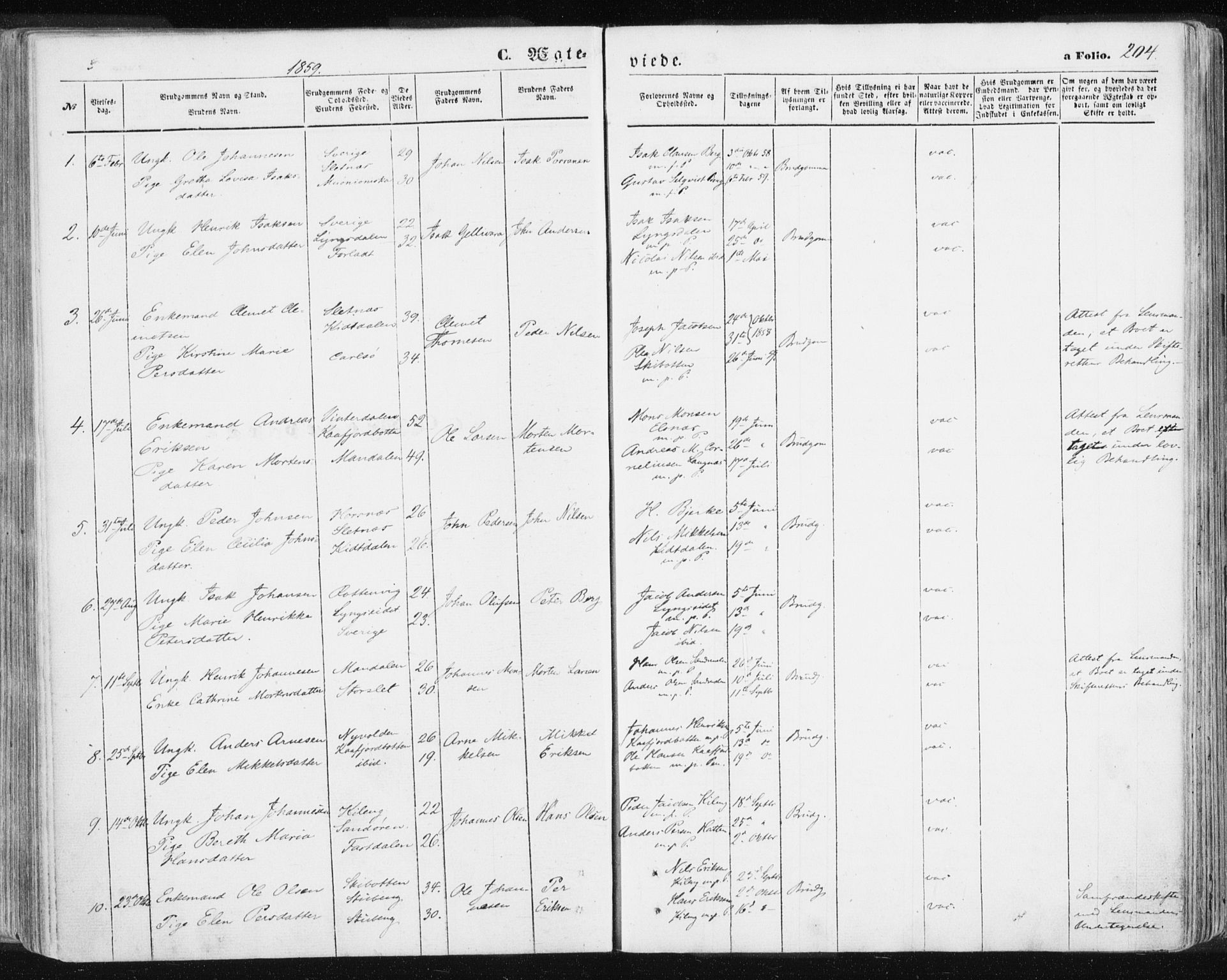 Lyngen sokneprestembete, SATØ/S-1289/H/He/Hea/L0005kirke: Parish register (official) no. 5, 1859-1869, p. 204