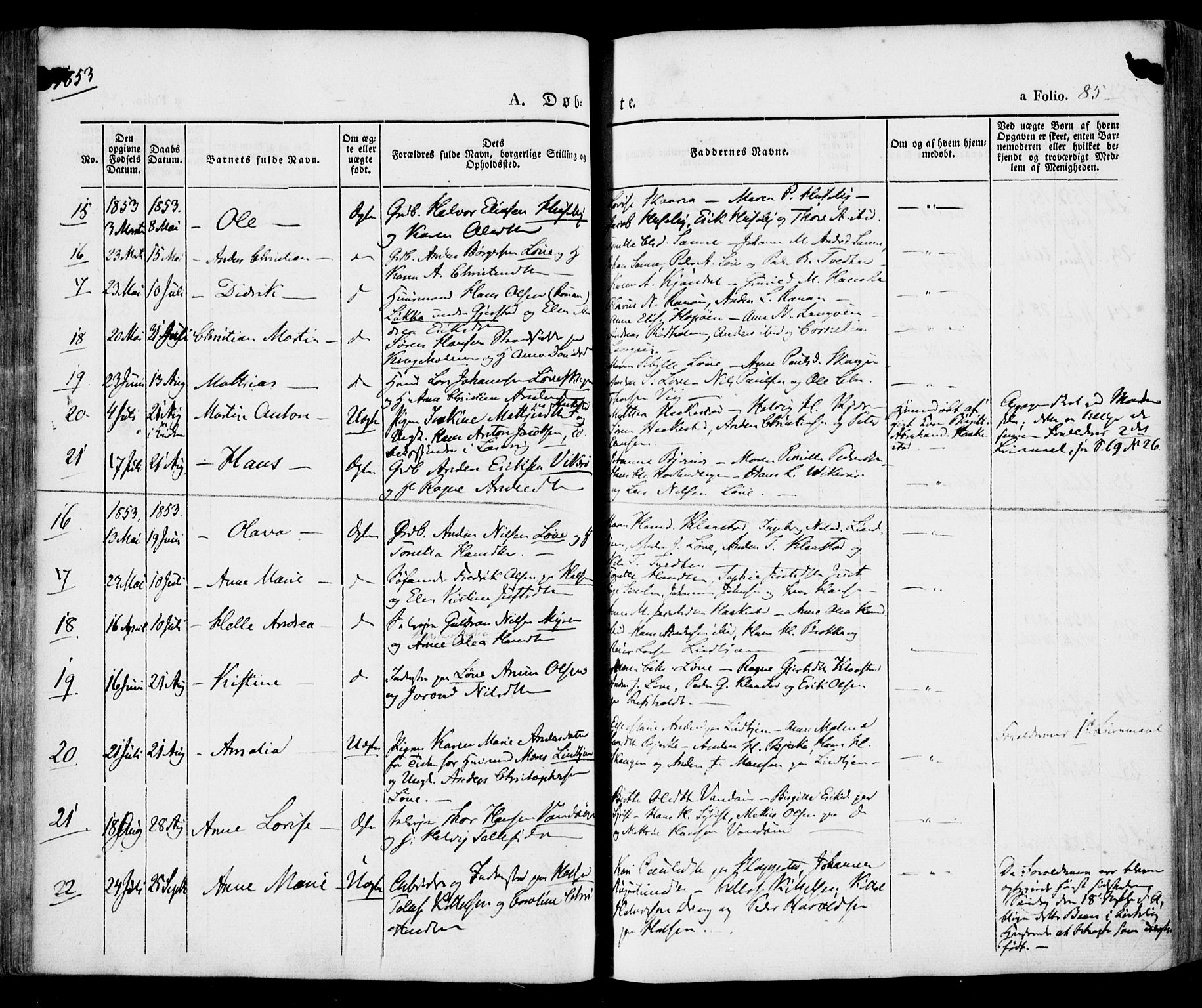 Tjølling kirkebøker, AV/SAKO-A-60/F/Fa/L0006: Parish register (official) no. 6, 1835-1859, p. 85