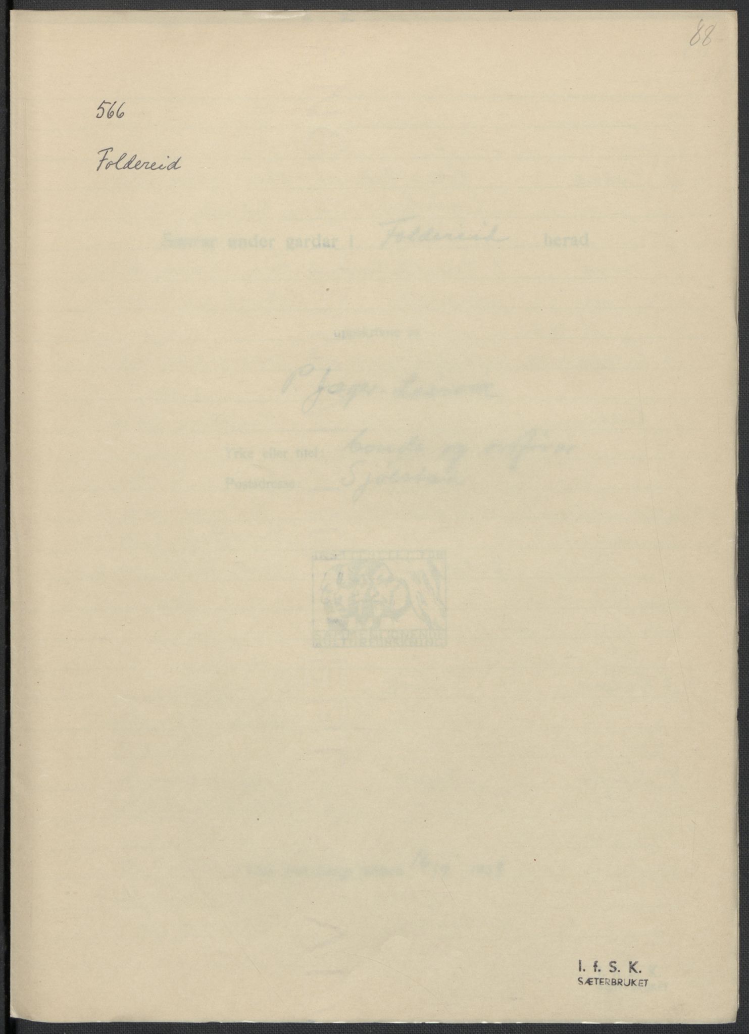 Instituttet for sammenlignende kulturforskning, RA/PA-0424/F/Fc/L0015/0003: Eske B15: / Nord-Trøndelag (perm XLIV-XLV), 1933-1939, p. 1088